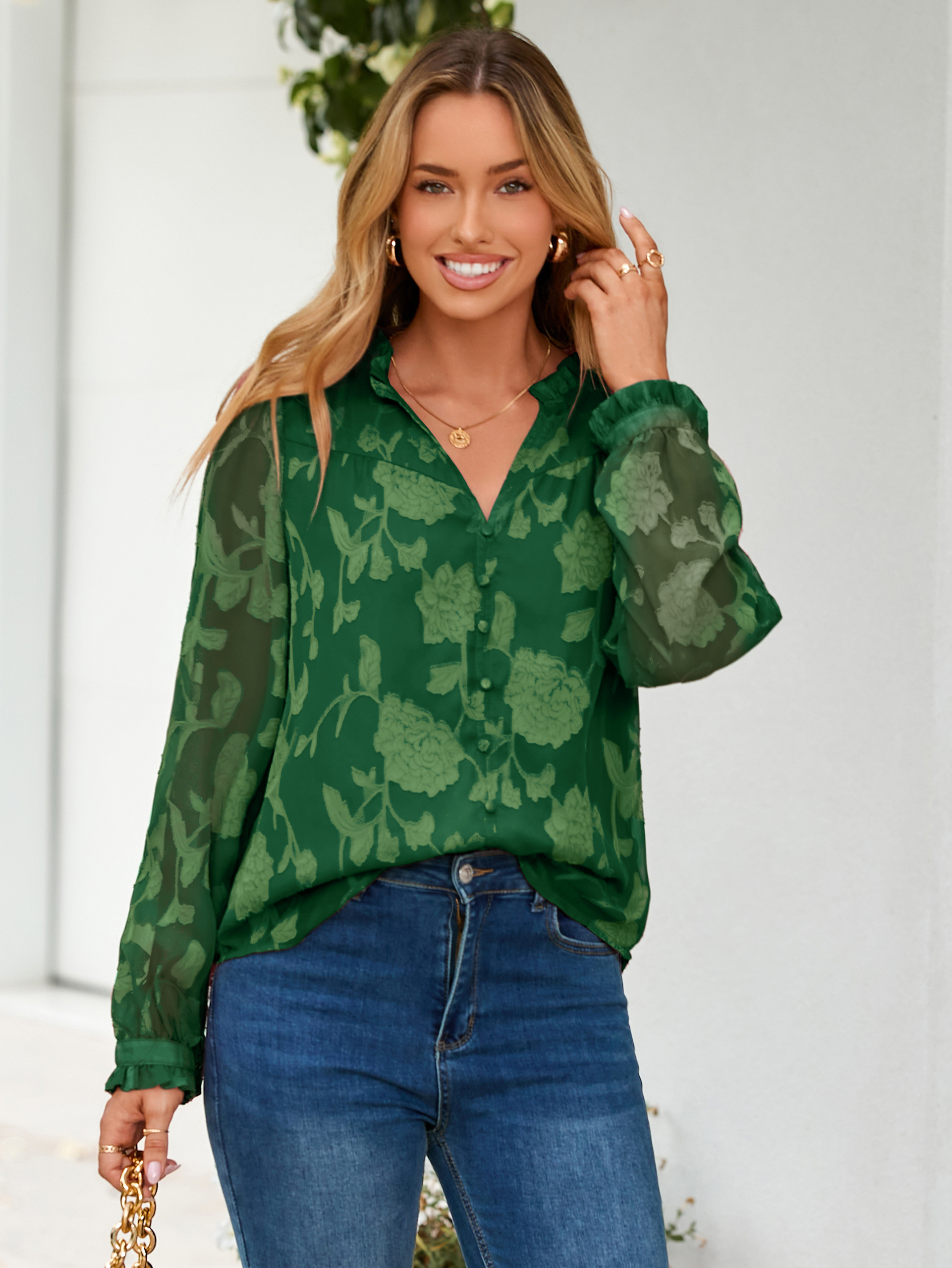 Chiffon Burnout V Neck Long Sleeve Blouse