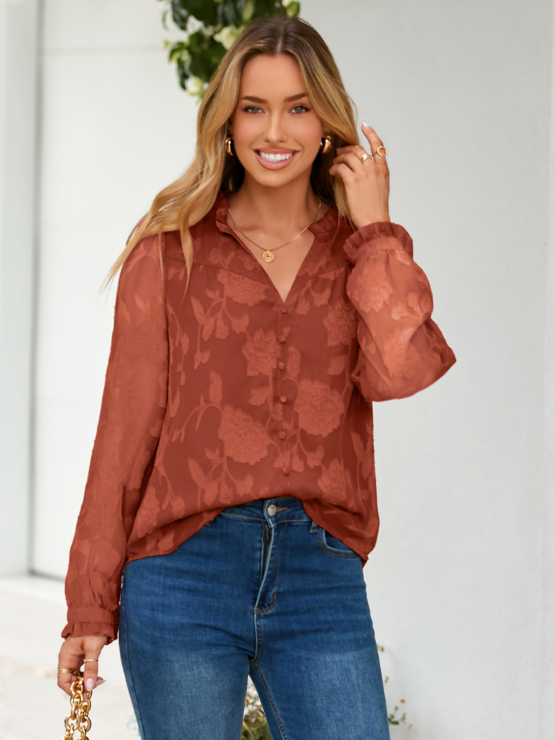 Chiffon Burnout V Neck Long Sleeve Blouse