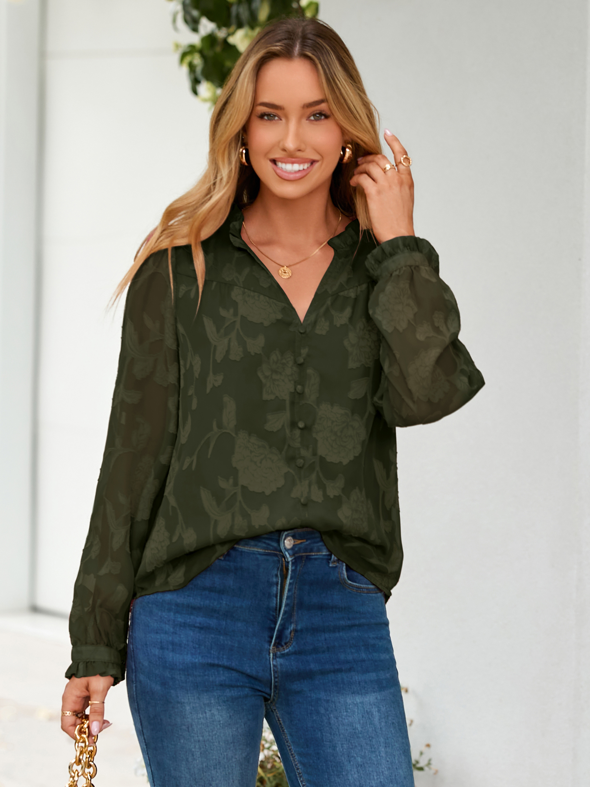 Chiffon Burnout V Neck Long Sleeve Blouse