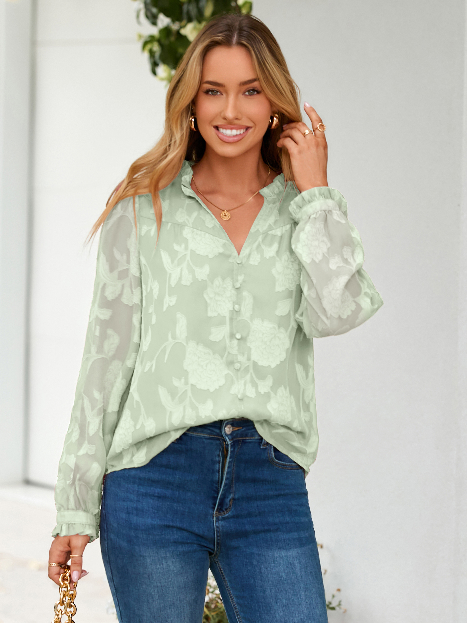 Chiffon Burnout V Neck Long Sleeve Blouse - Light Green