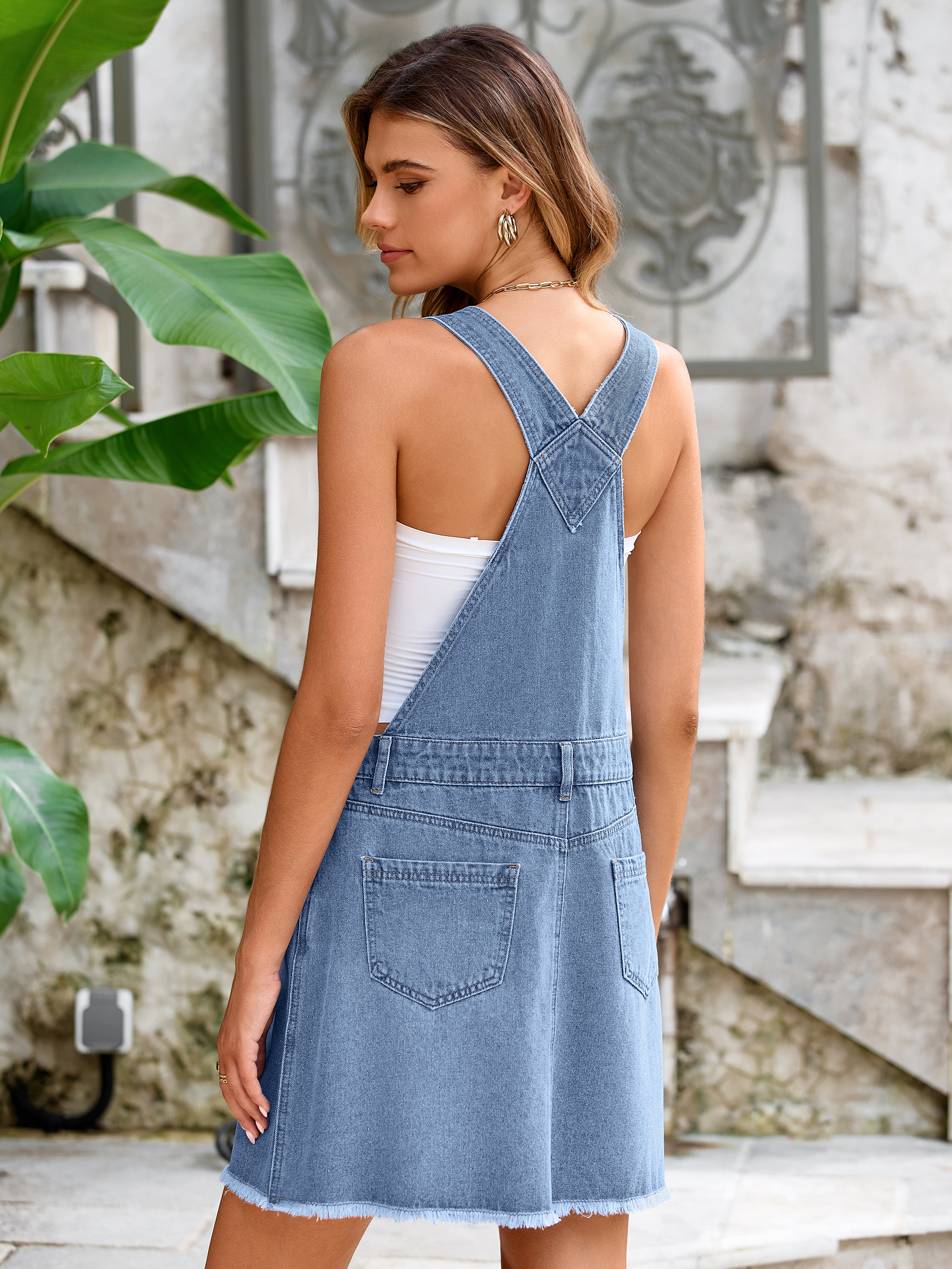 Square Neck Sleeveless Backless Mini Denim Dress