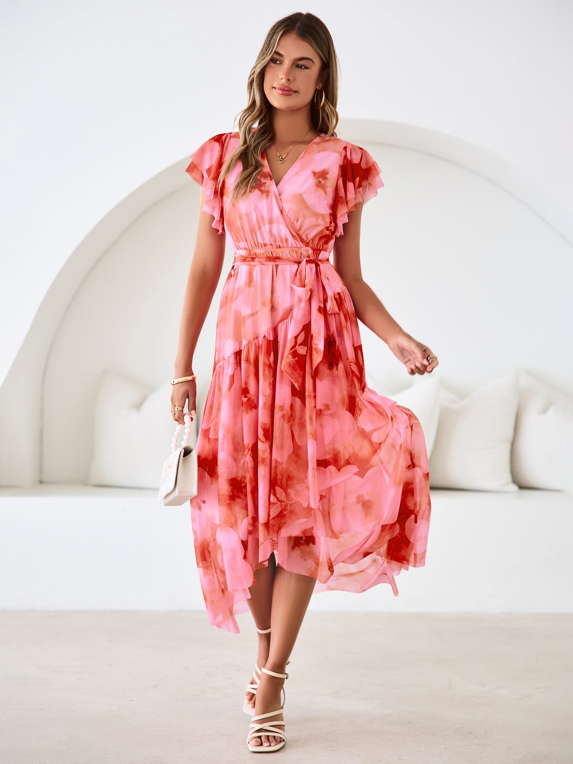 Floral V Neck Flutter Sleeve Flowy Maxi Dress