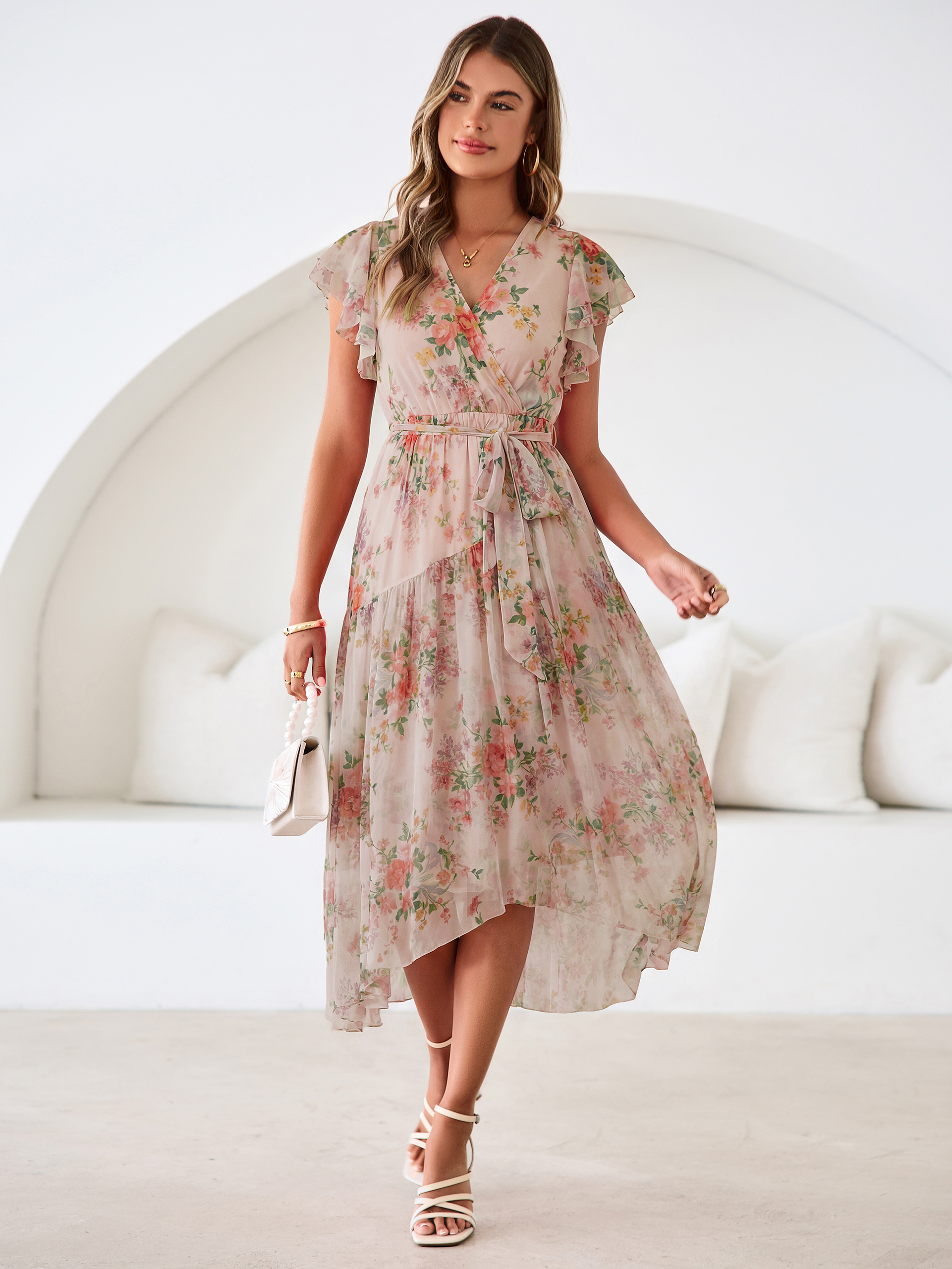 Floral V Neck Flutter Sleeve Flowy Maxi Dress