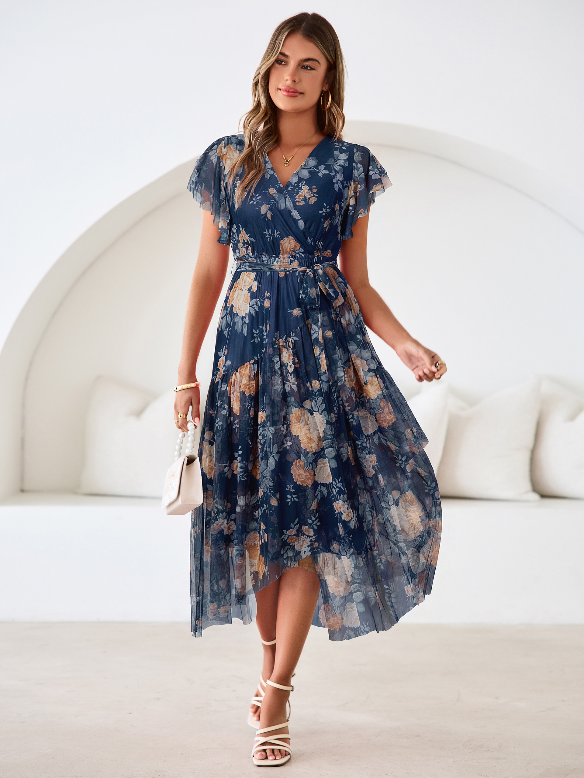Floral V Neck Flutter Sleeve Flowy Maxi Dress