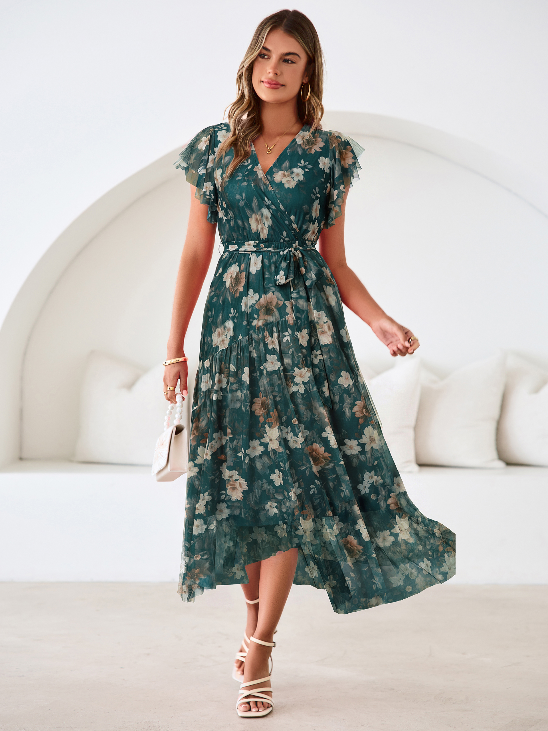 Floral V Neck Flutter Sleeve Flowy Maxi Dress