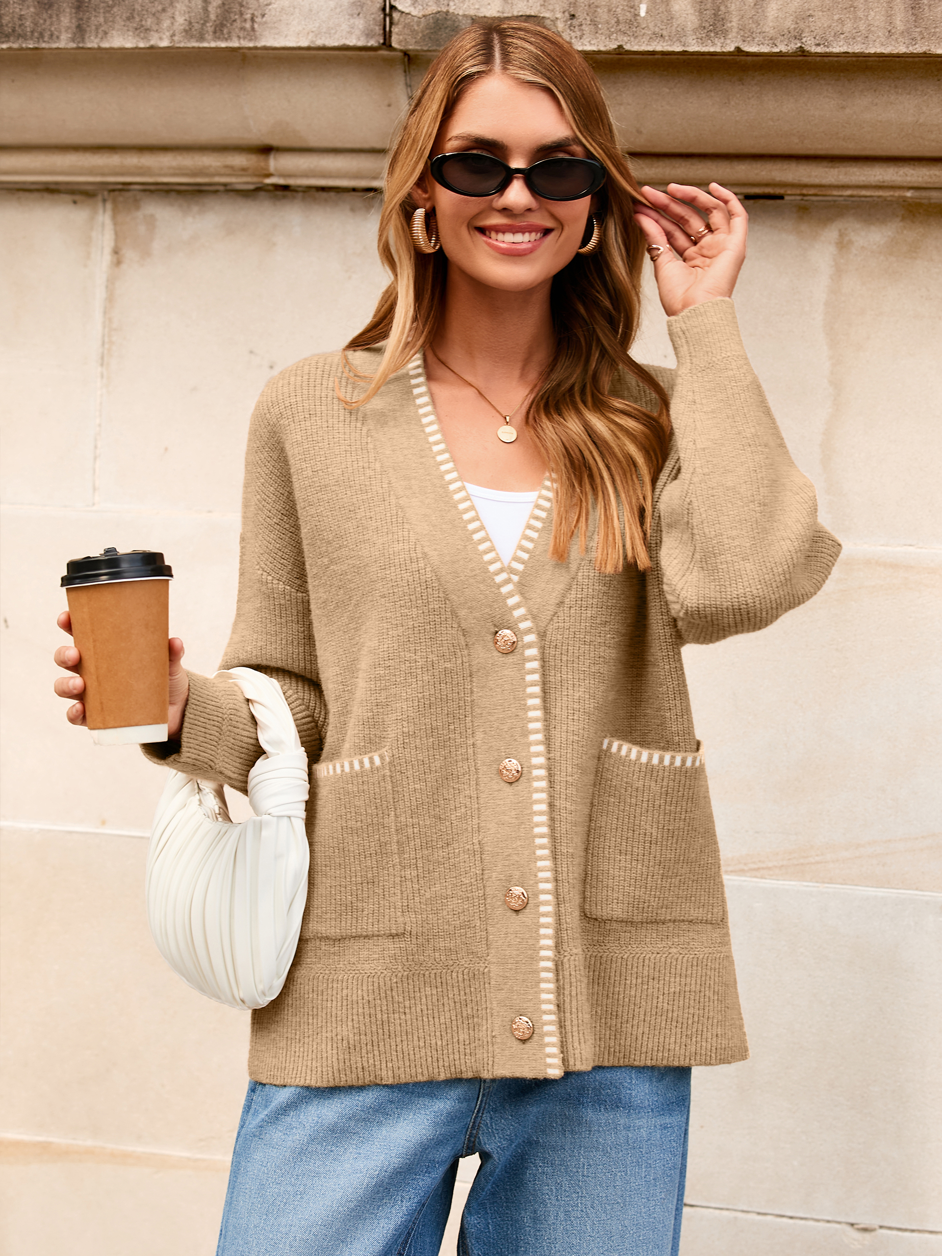 V-Neck Button Up Chunky Oversized Crochet Cardigan