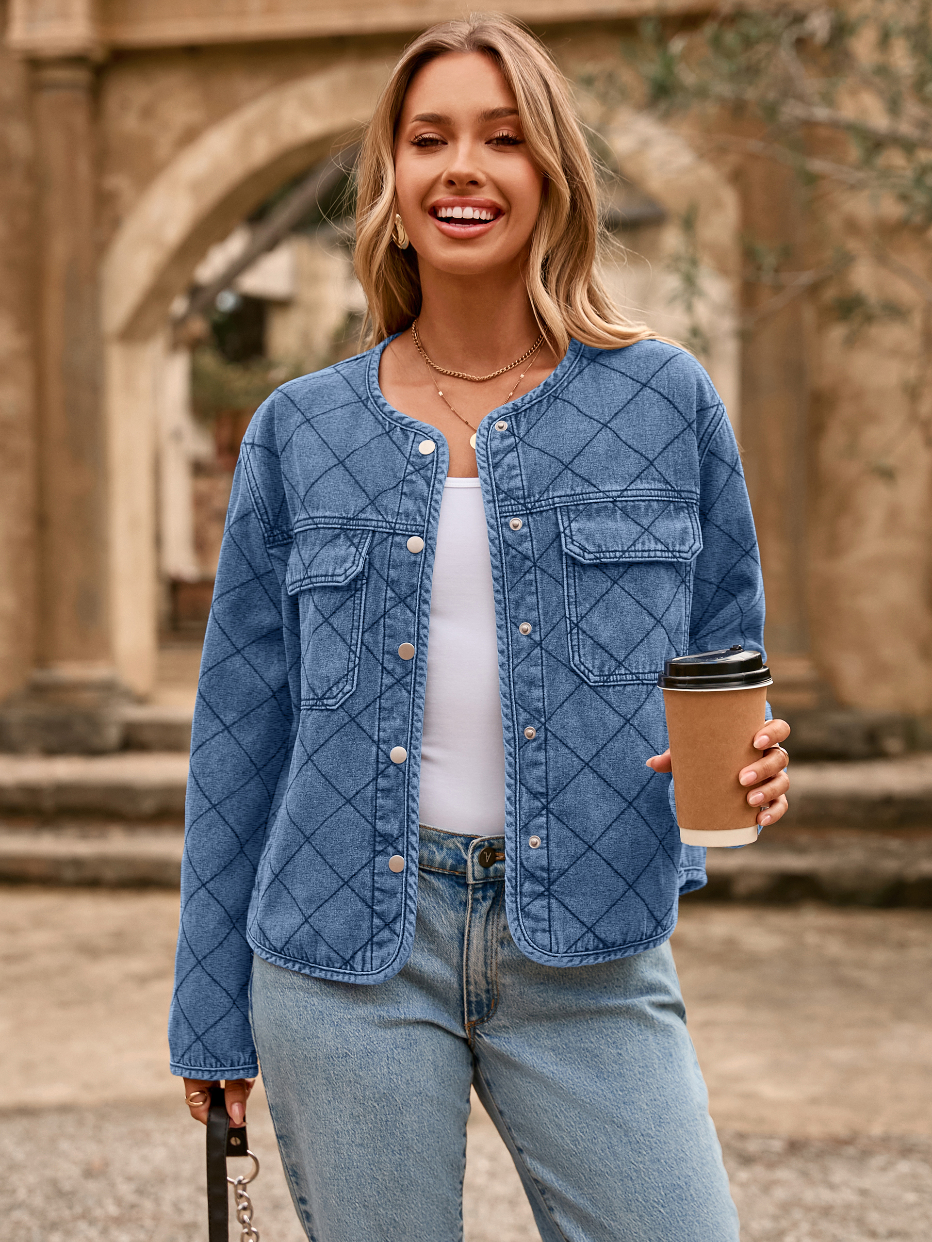Button Crew Neck Quilted Diamond Denim Jacket - Denim Light Blue