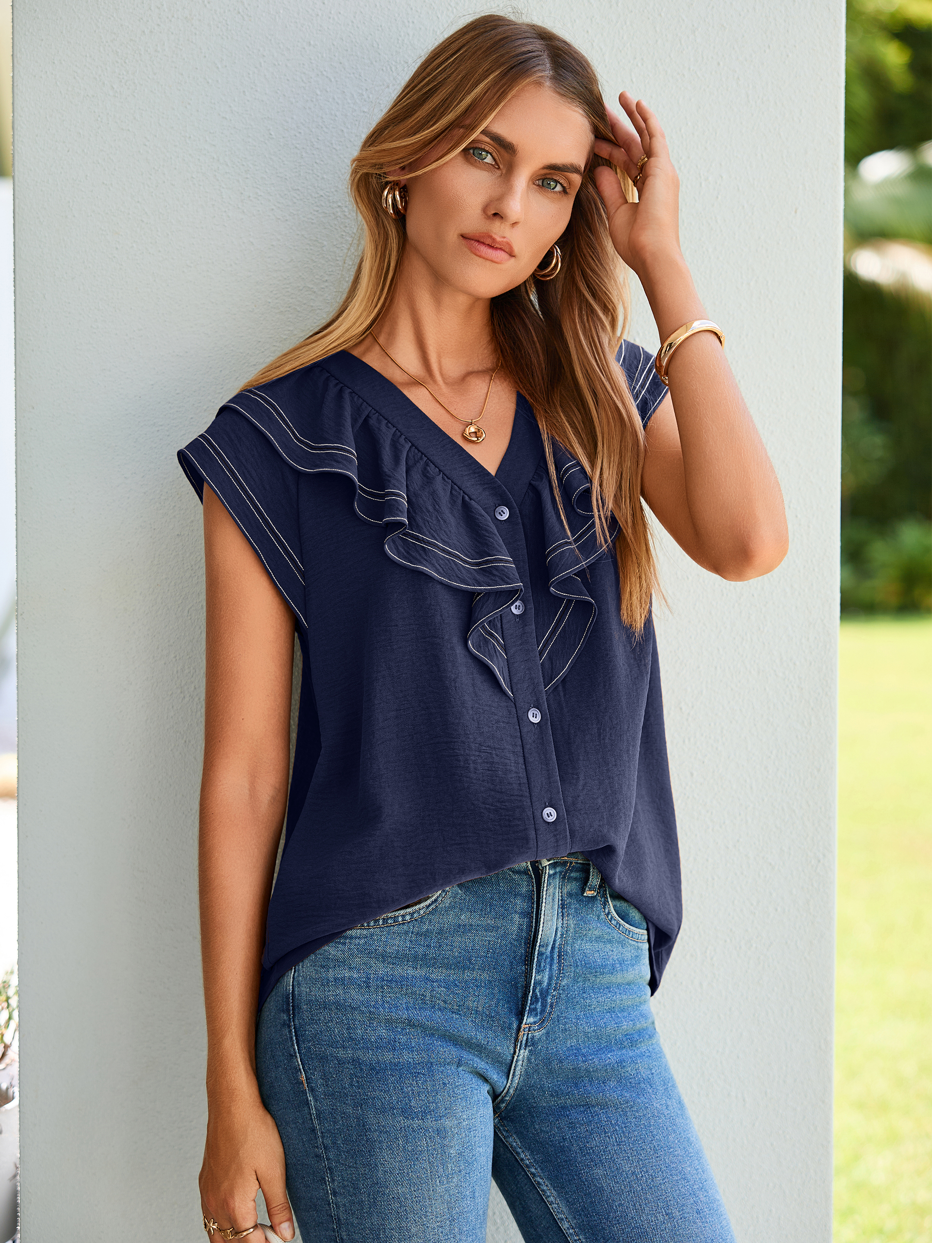V-Neck Ruffle Trim Contrast Stitching Top