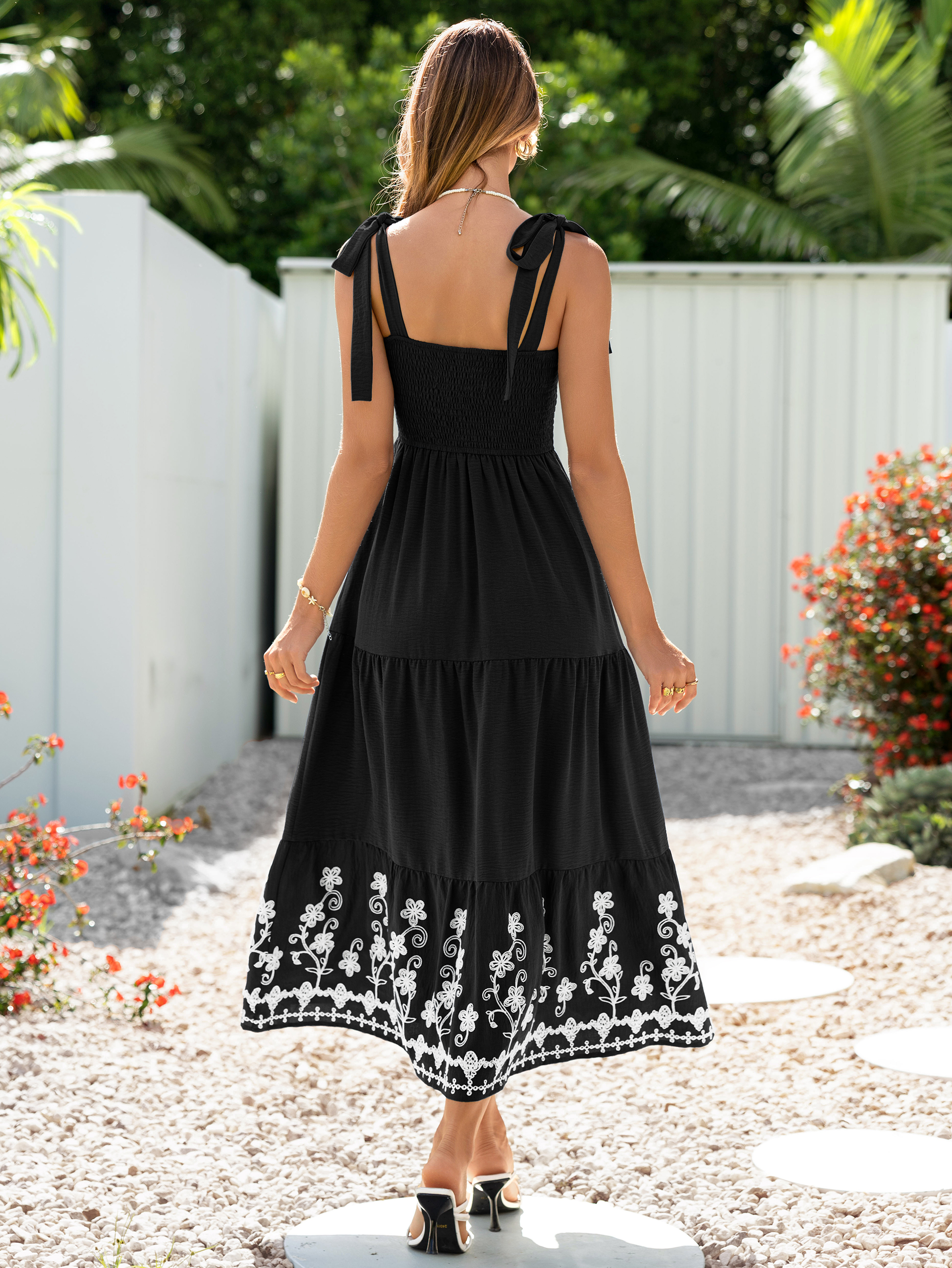 Floral Embroidery Smocked Tie Shoulder Maxi Dress