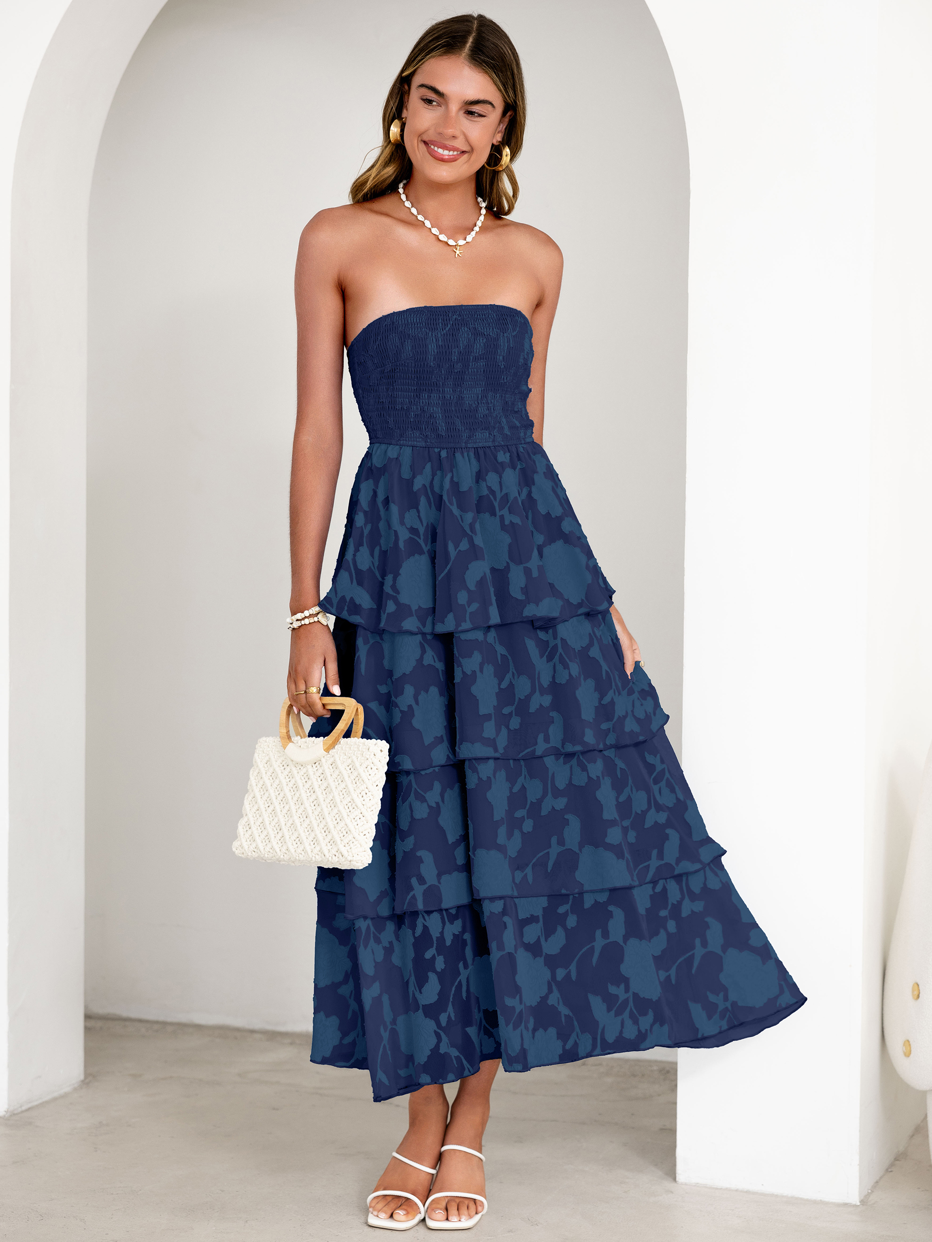 Floral Strapless Smocked Tiered Maxi Dress - Navy Blue