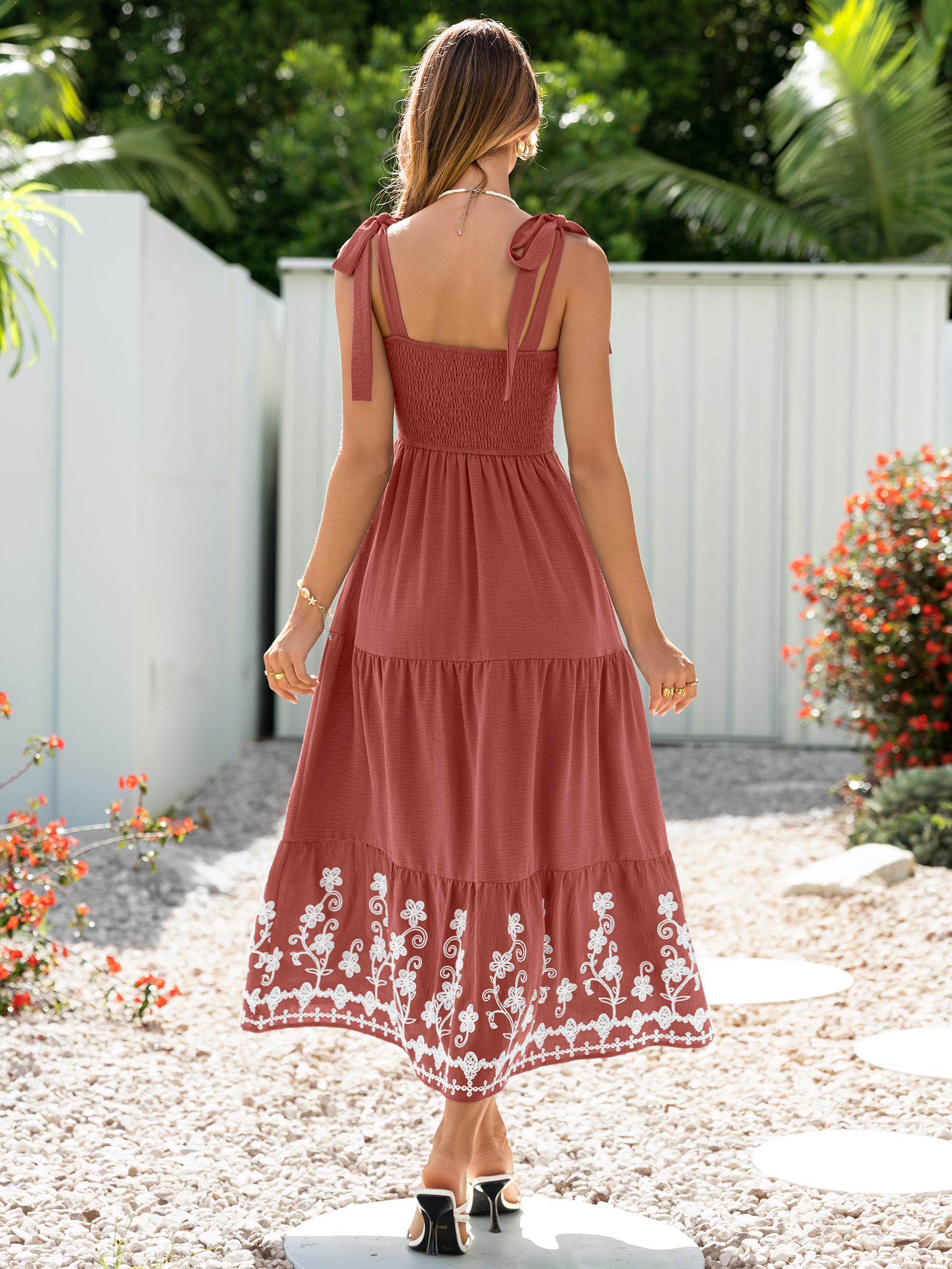 Floral Embroidery Smocked Tie Shoulder Maxi Dress