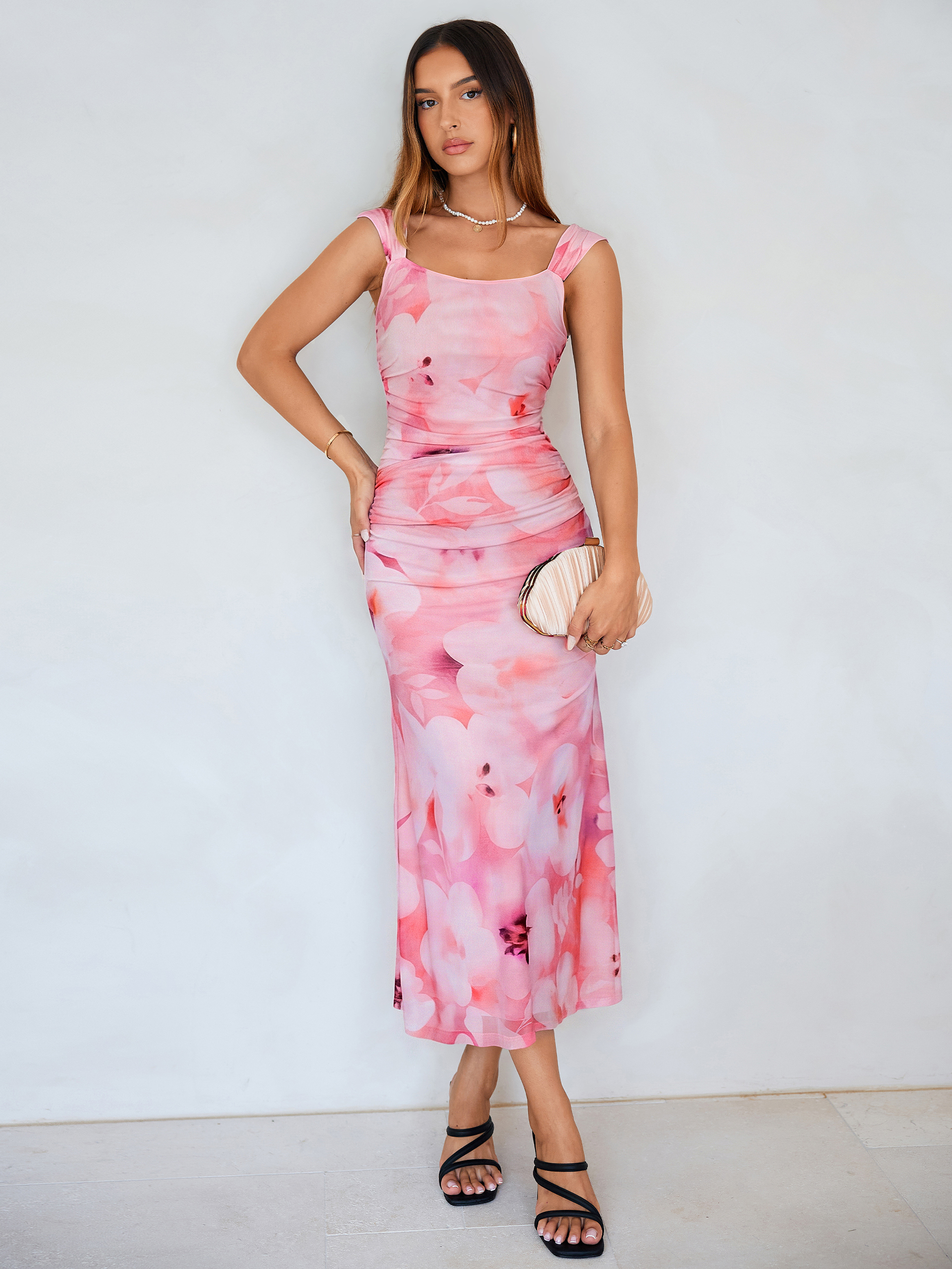 Floral Square Neck Ruched Mesh Bodycon Dress - Floral Light Pink