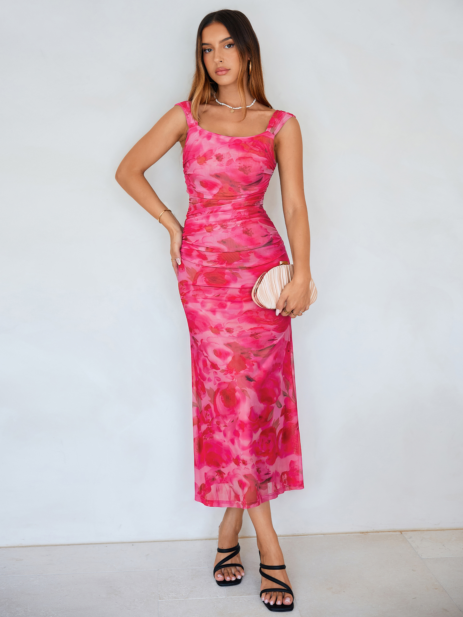 Floral Square Neck Ruched Mesh Bodycon Dress - Floral Pink