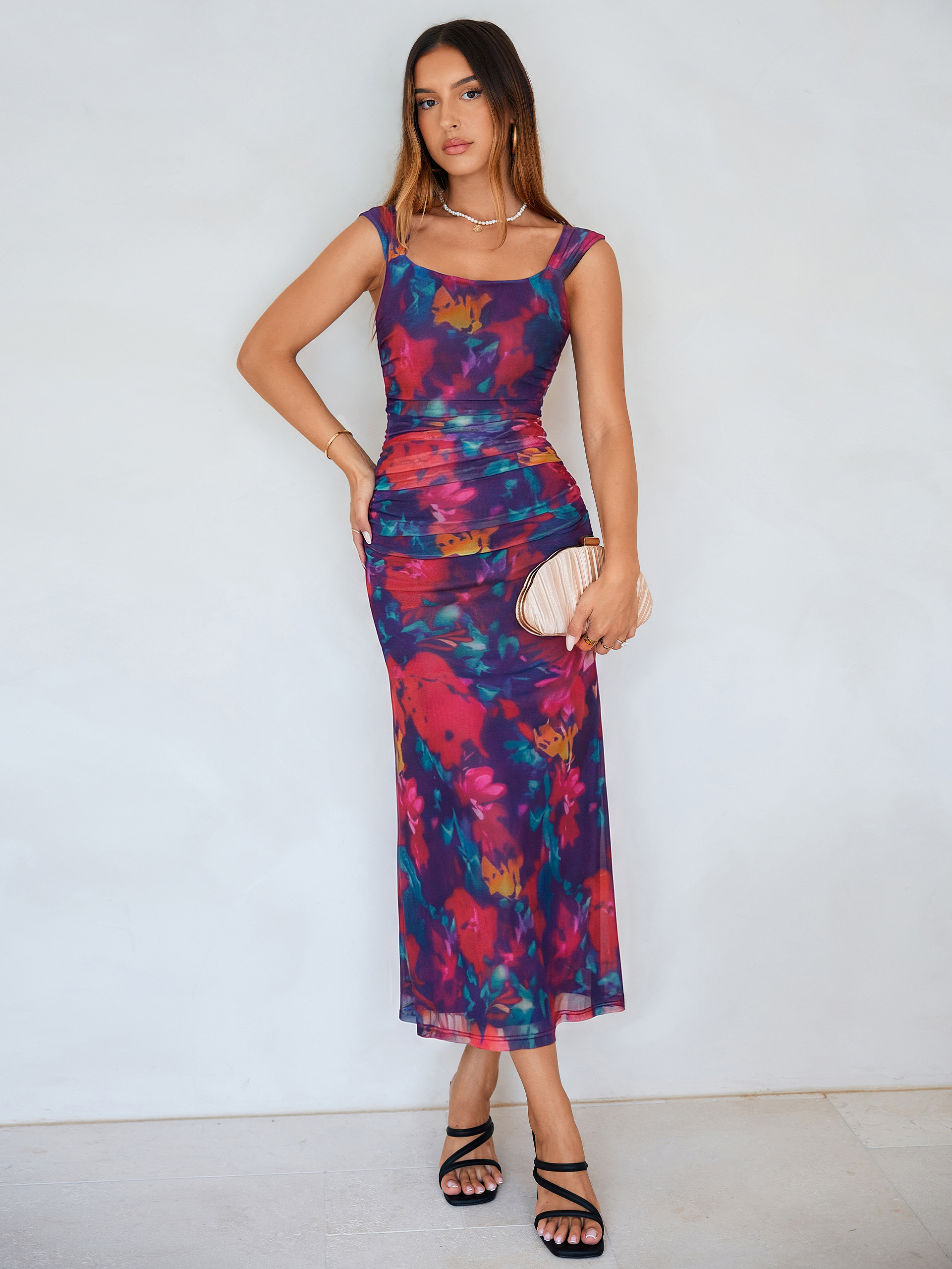 Floral Square Neck Ruched Mesh Bodycon Dress - Floral Navy Red