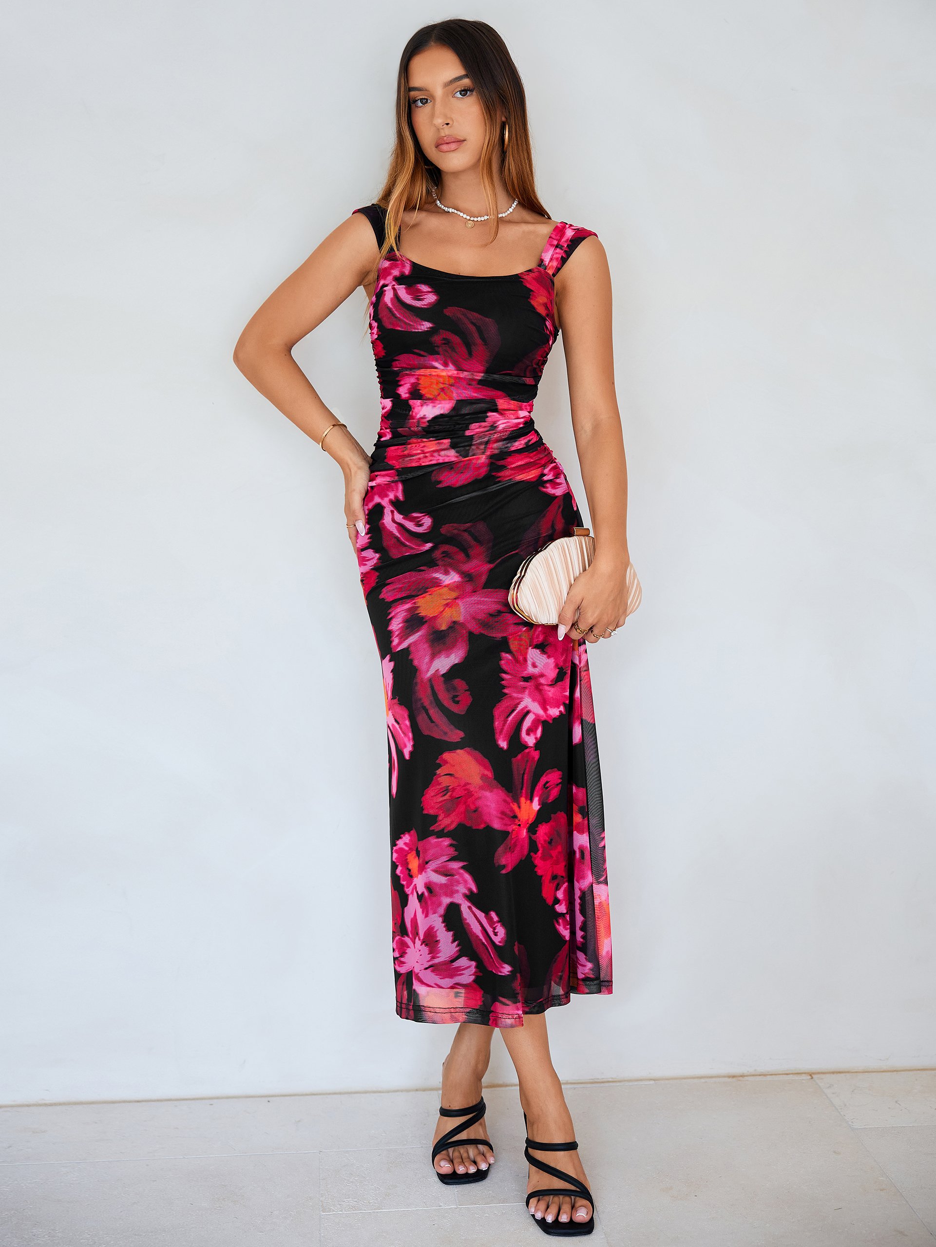 Floral Square Neck Ruched Mesh Bodycon Dress - Floral Black Rose Red