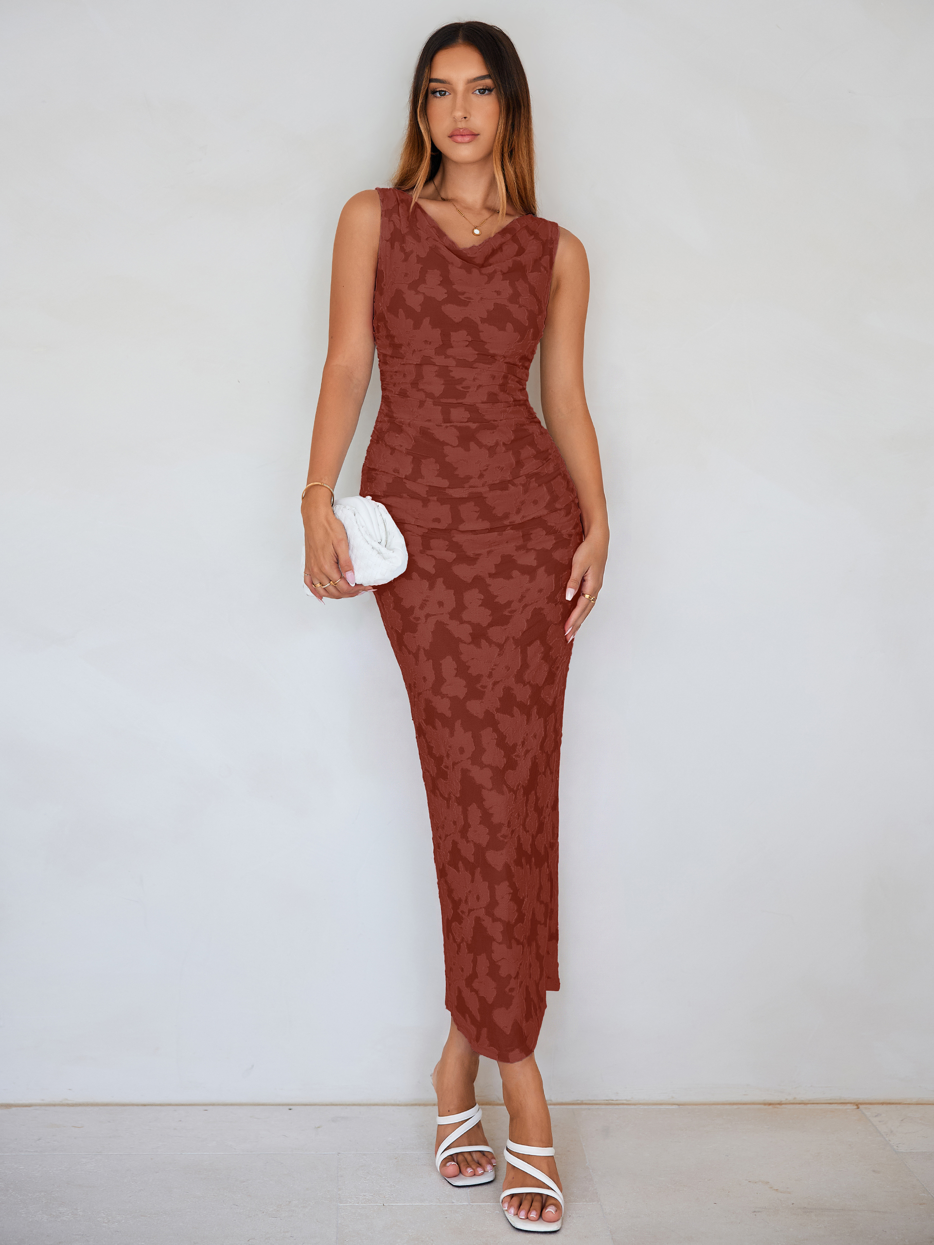 Cowl Neck Floral Jacquard Ruched Maxi Dress