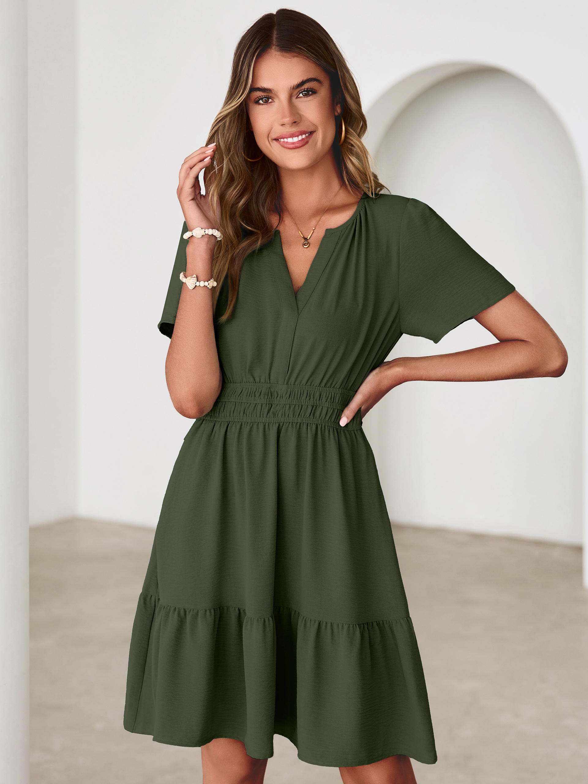 V Neck Smocked Waist Ruffle Hem Mini Dress - Army Green