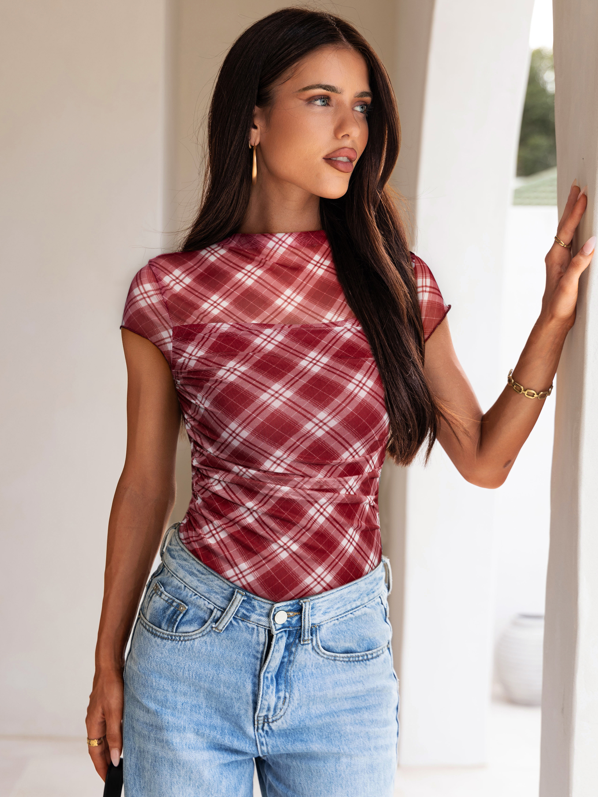 Plaid Mock Neck Ruched Mesh Top