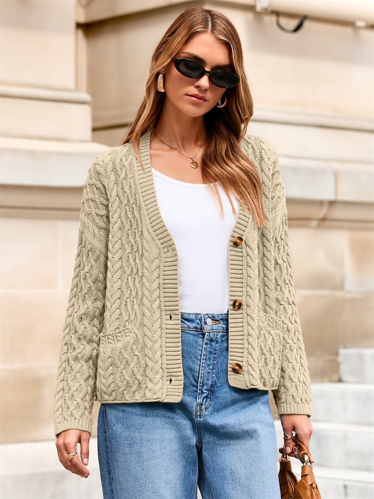 Cable Knit V Neck Buttoned Cardigan Sweater - Light Khaki