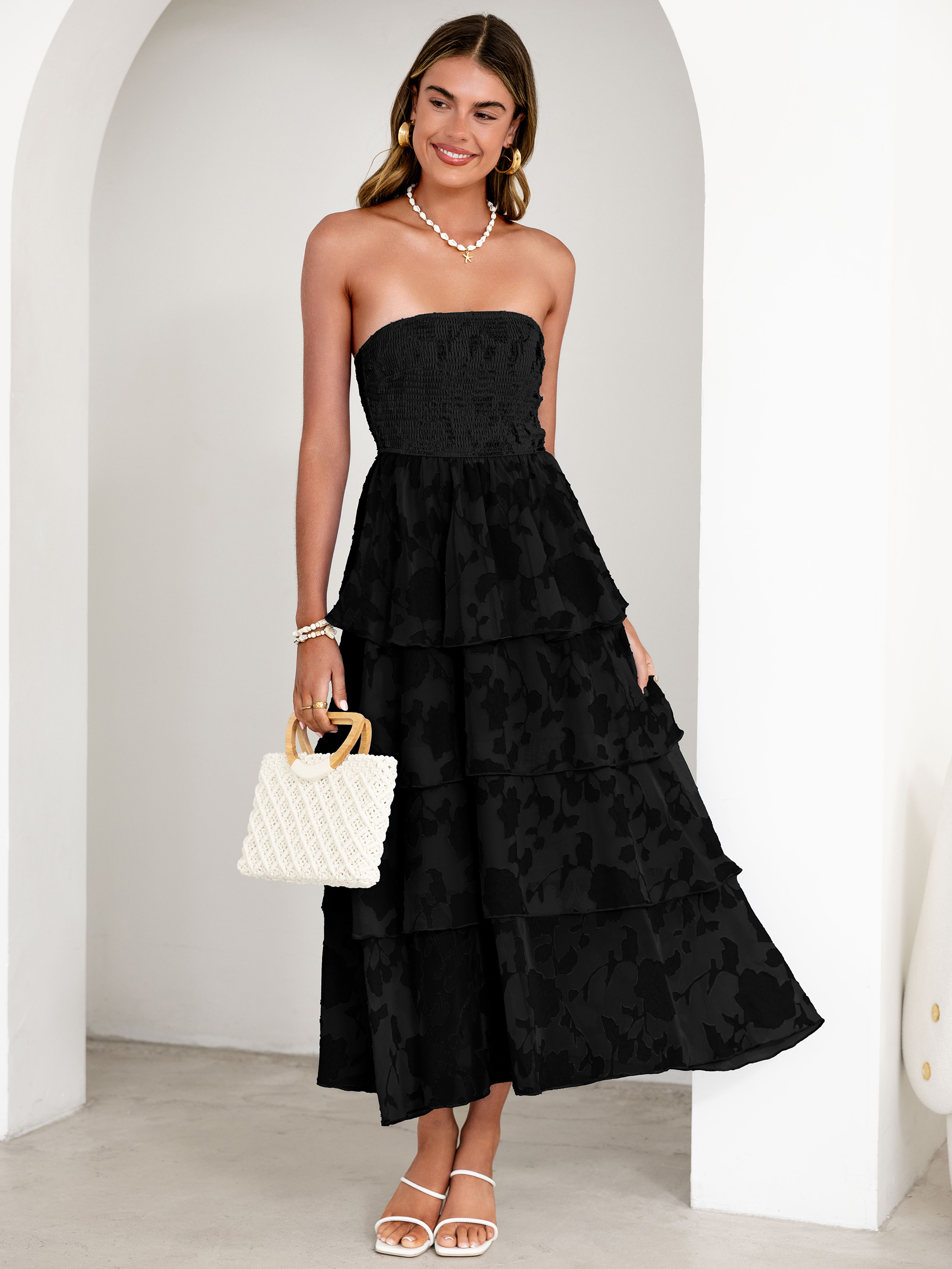 Floral Strapless Smocked Tiered Maxi Dress - Black