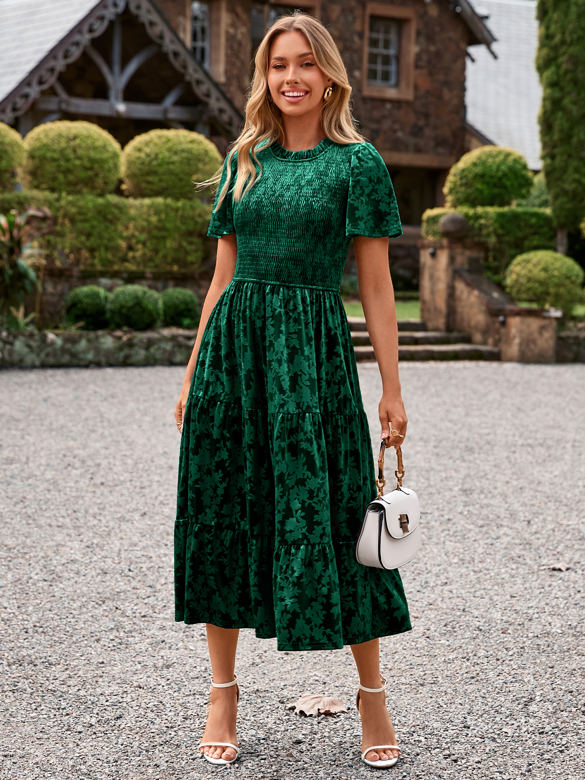 Ruffle Neck Smocked Velvet Floral Maxi Dress