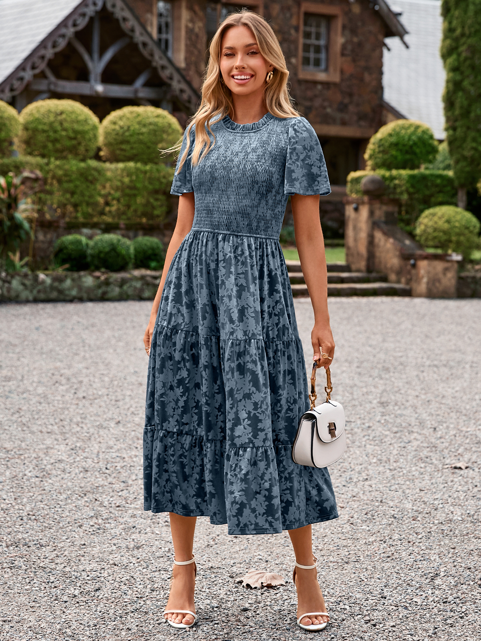 Ruffle Neck Smocked Velvet Floral Maxi Dress