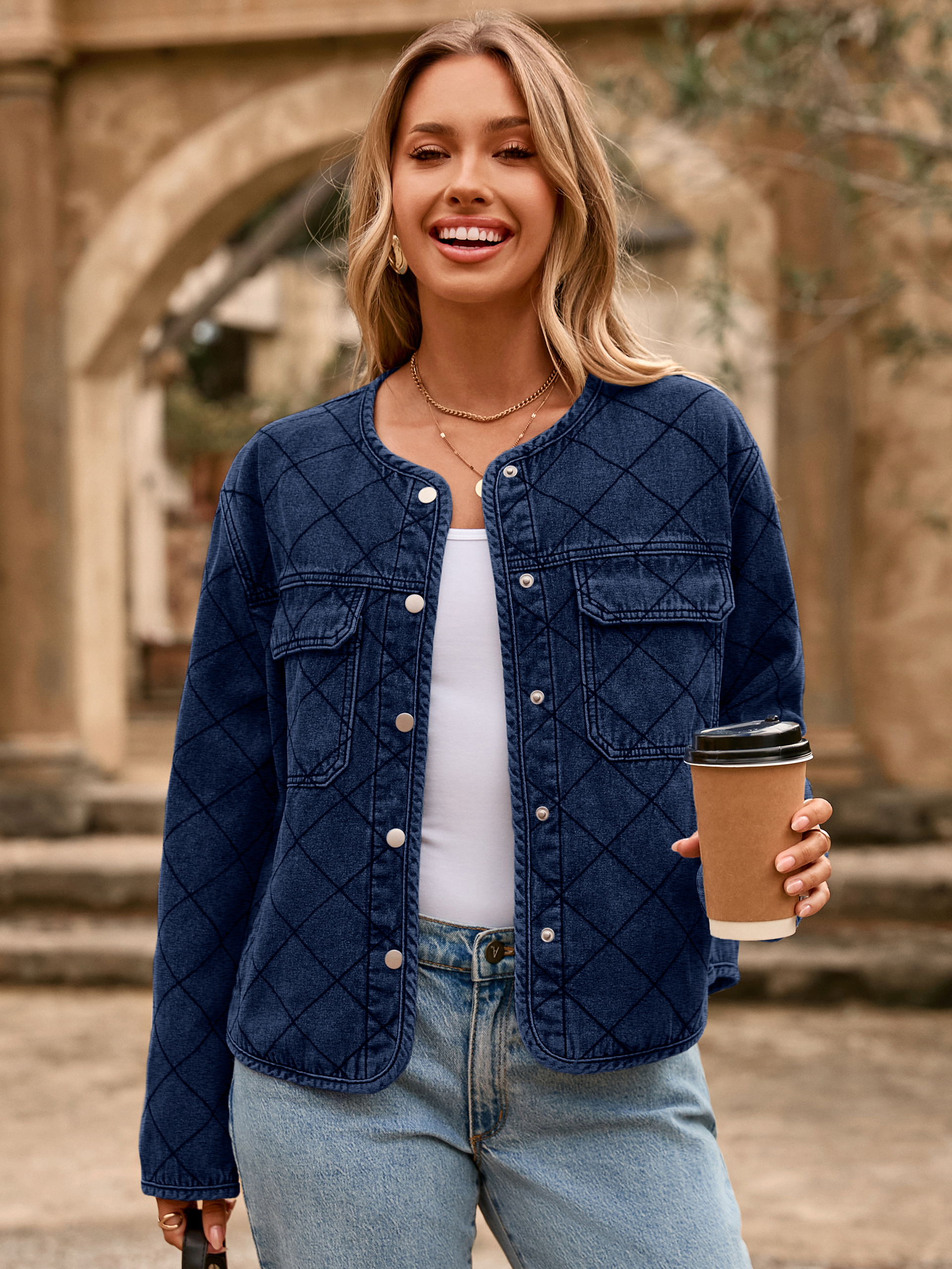 Button Crew Neck Quilted Diamond Denim Jacket - Denim Navy Blue