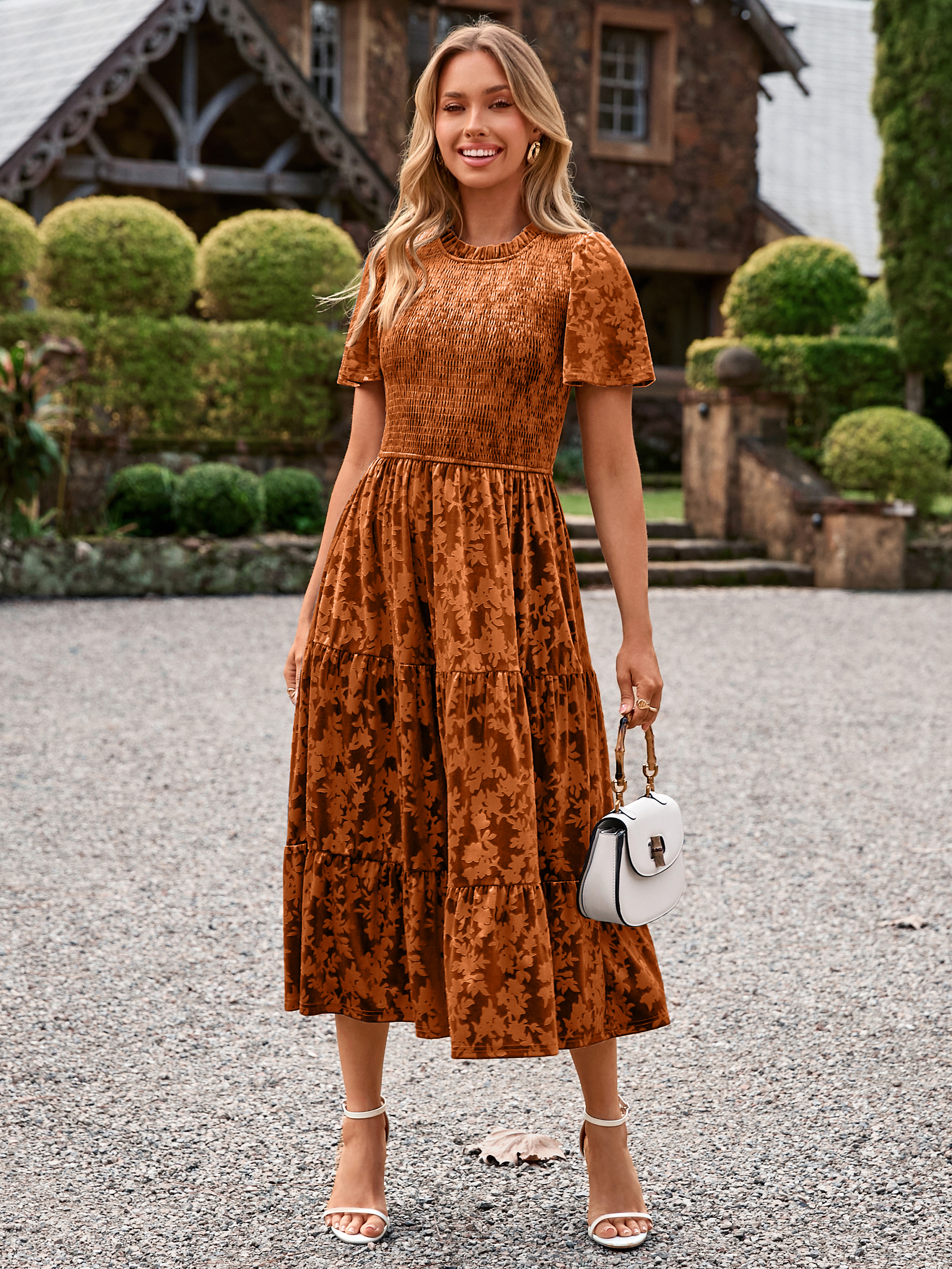 Ruffle Neck Smocked Velvet Floral Maxi Dress