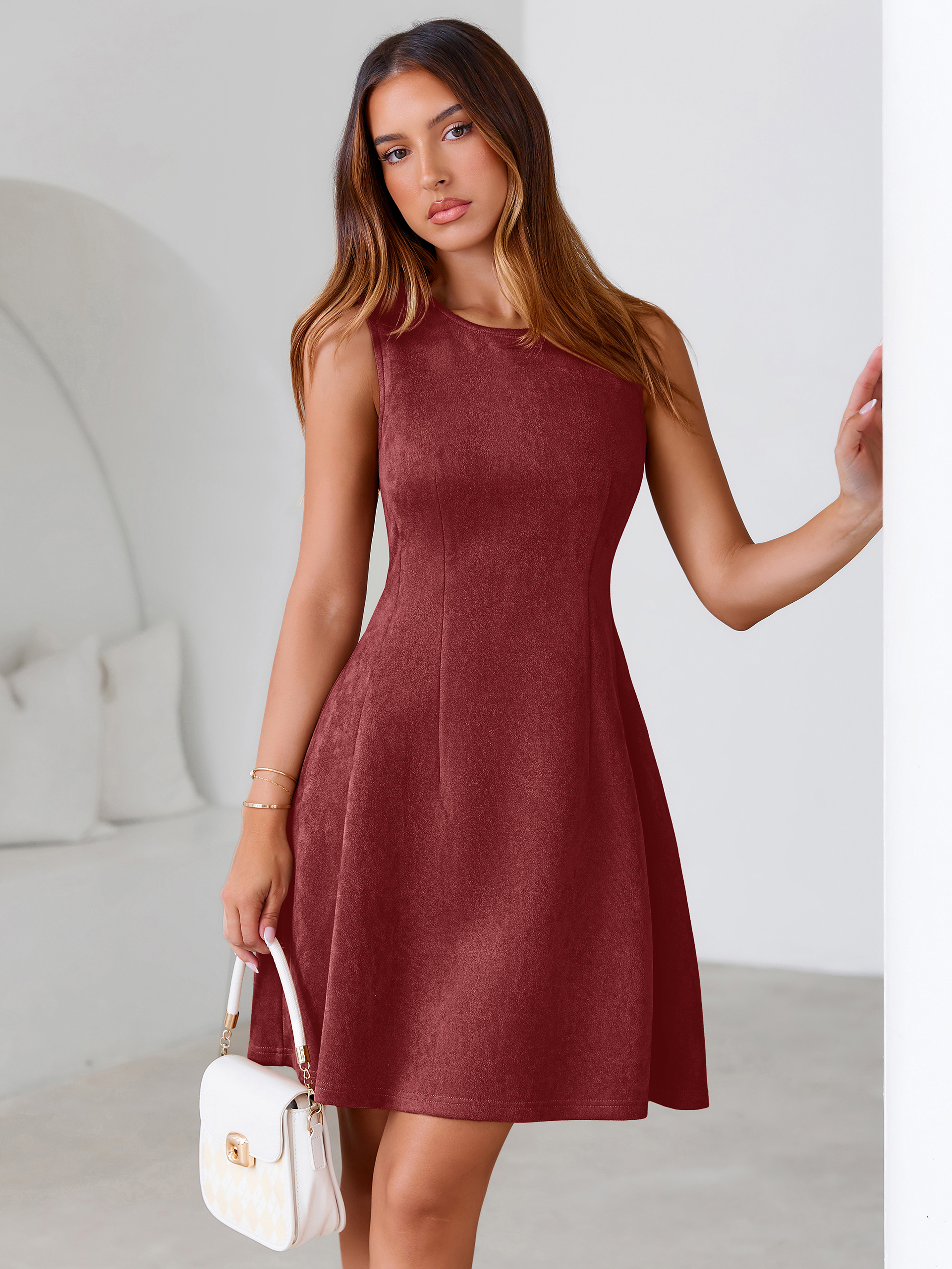 Faux Suede Sleeveless A Line Semi Formal Dress - Burgundy