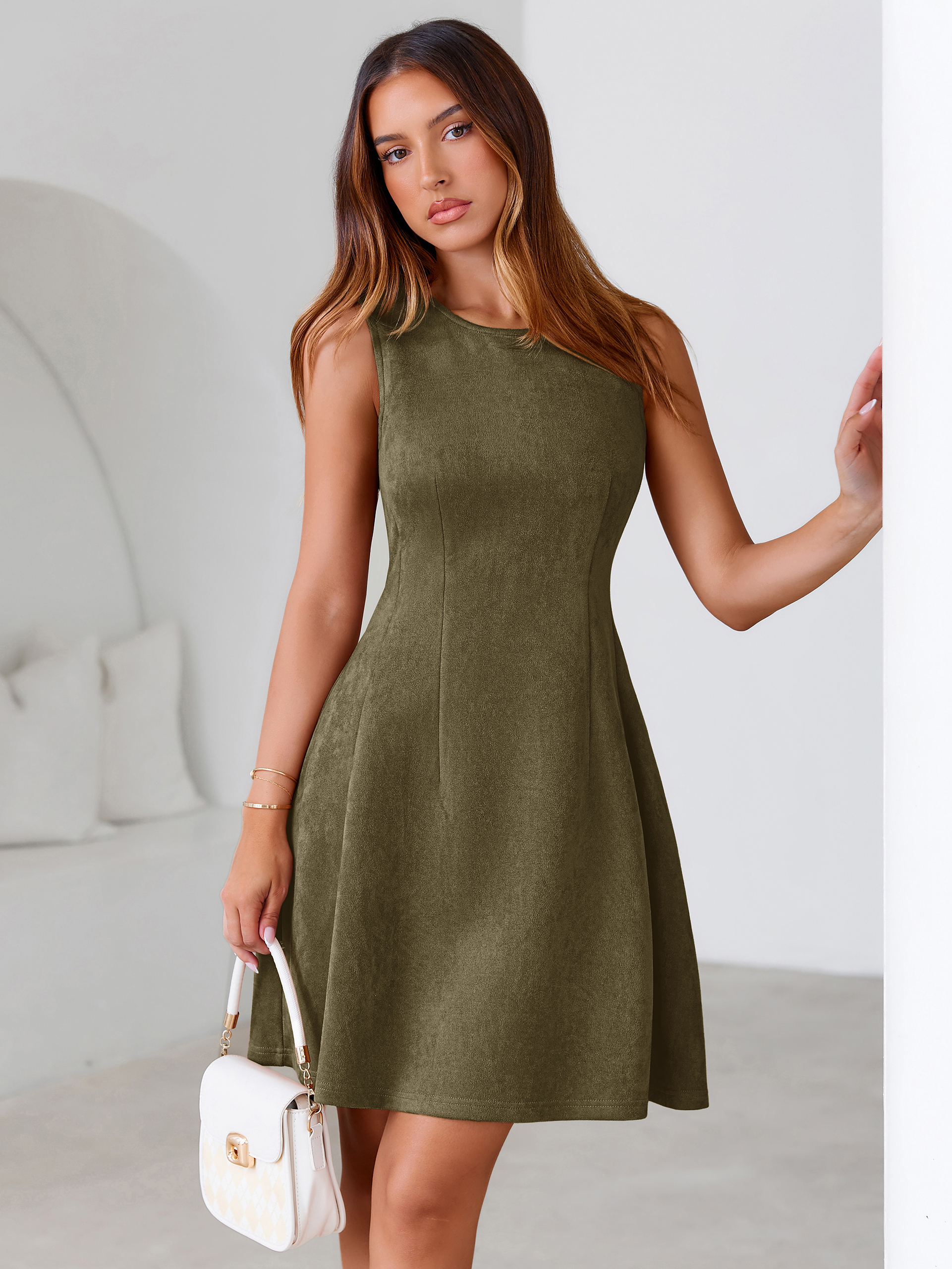 Faux Suede Sleeveless A Line Semi Formal Dress - Army Green