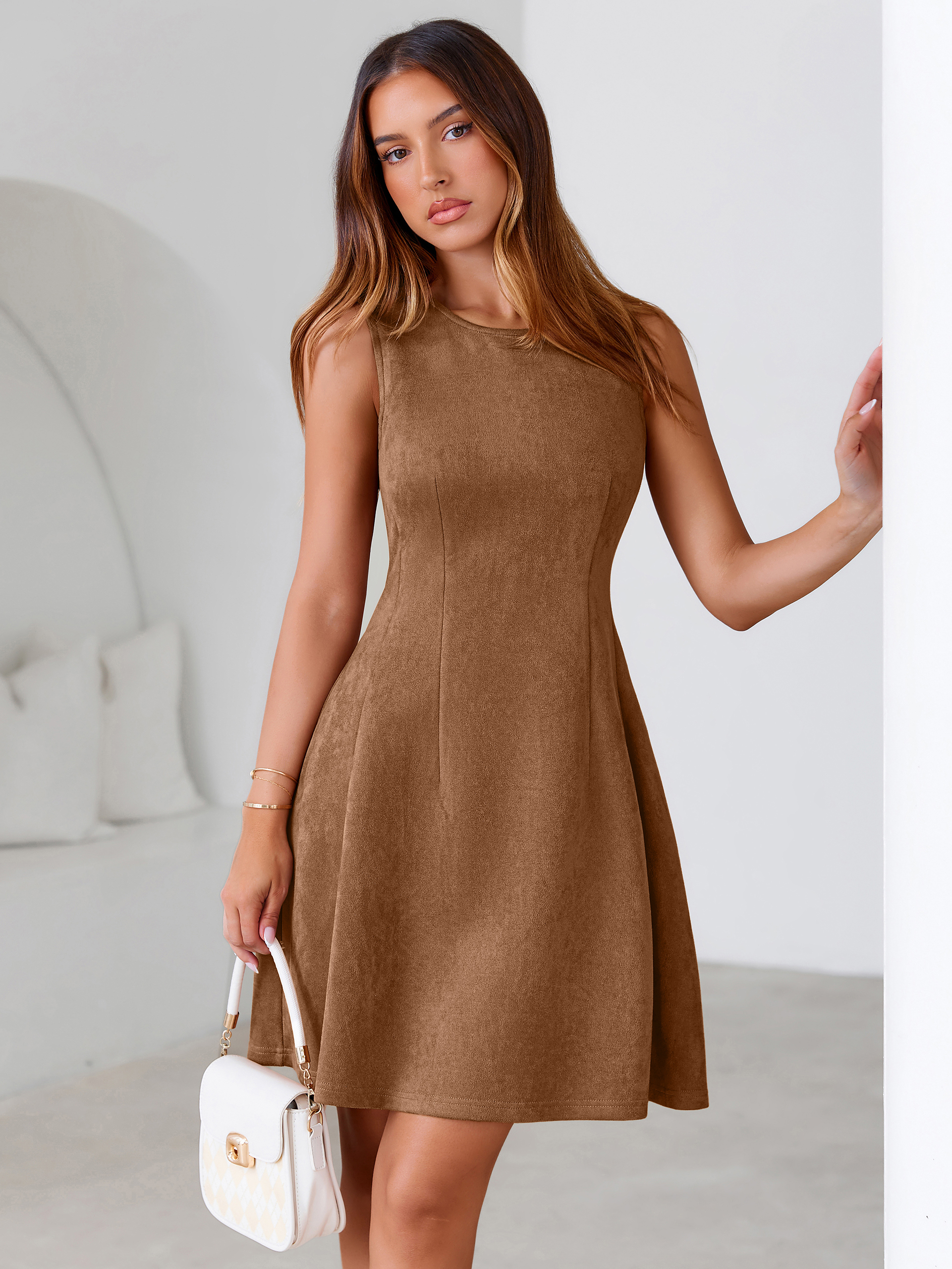 Faux Suede Sleeveless A Line Semi Formal Dress - Caramel