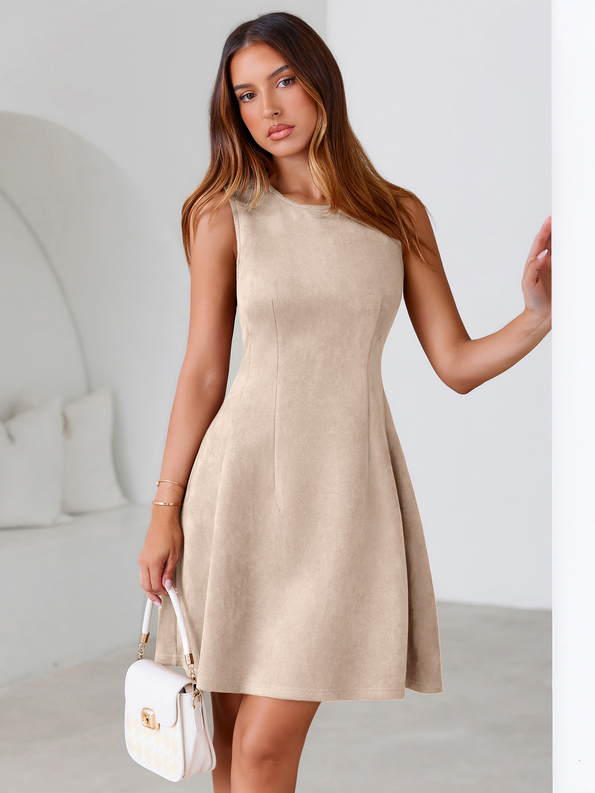 Faux Suede Sleeveless A Line Semi Formal Dress - Grey Beige