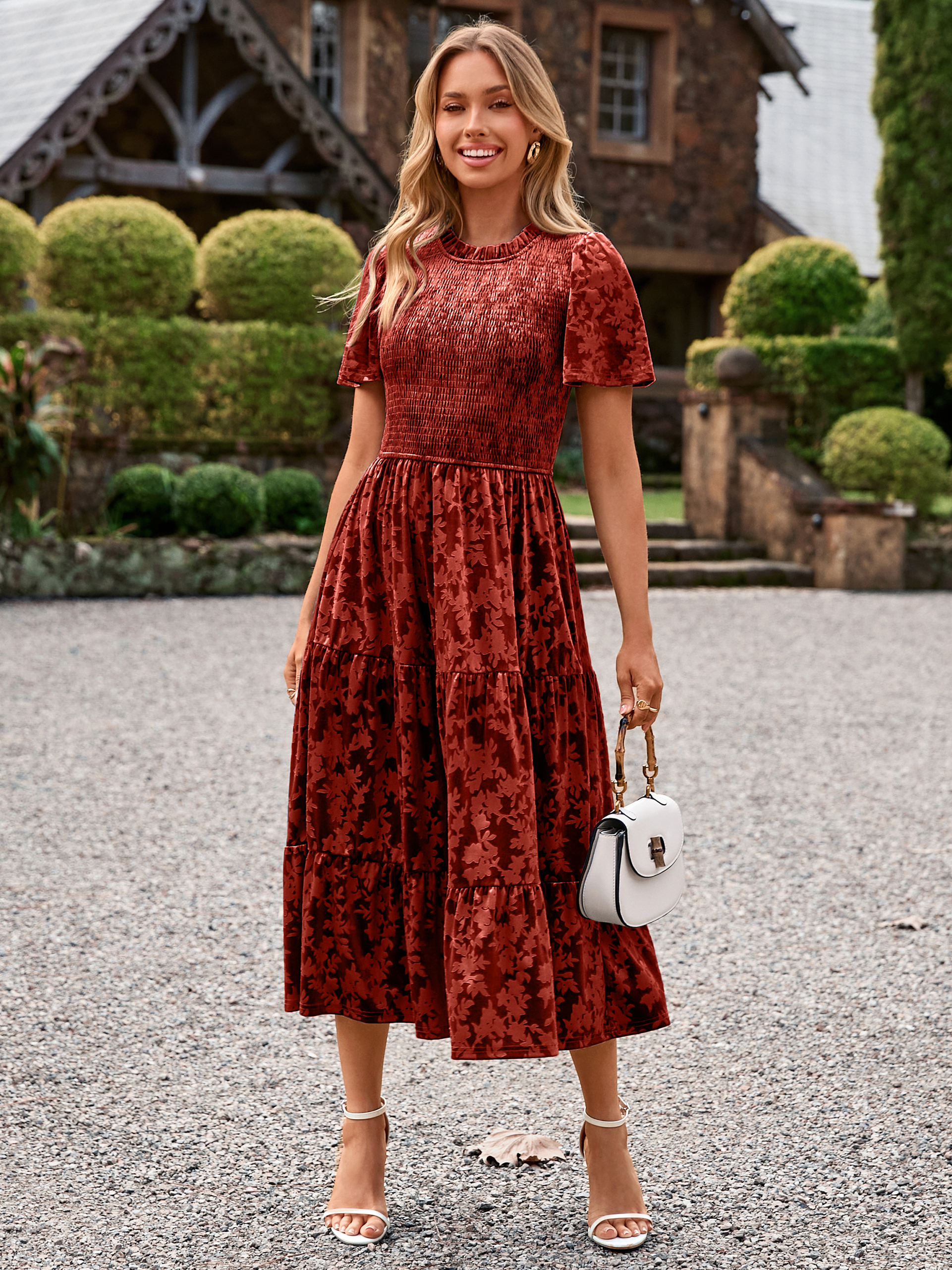 Ruffle Neck Smocked Velvet Floral Maxi Dress