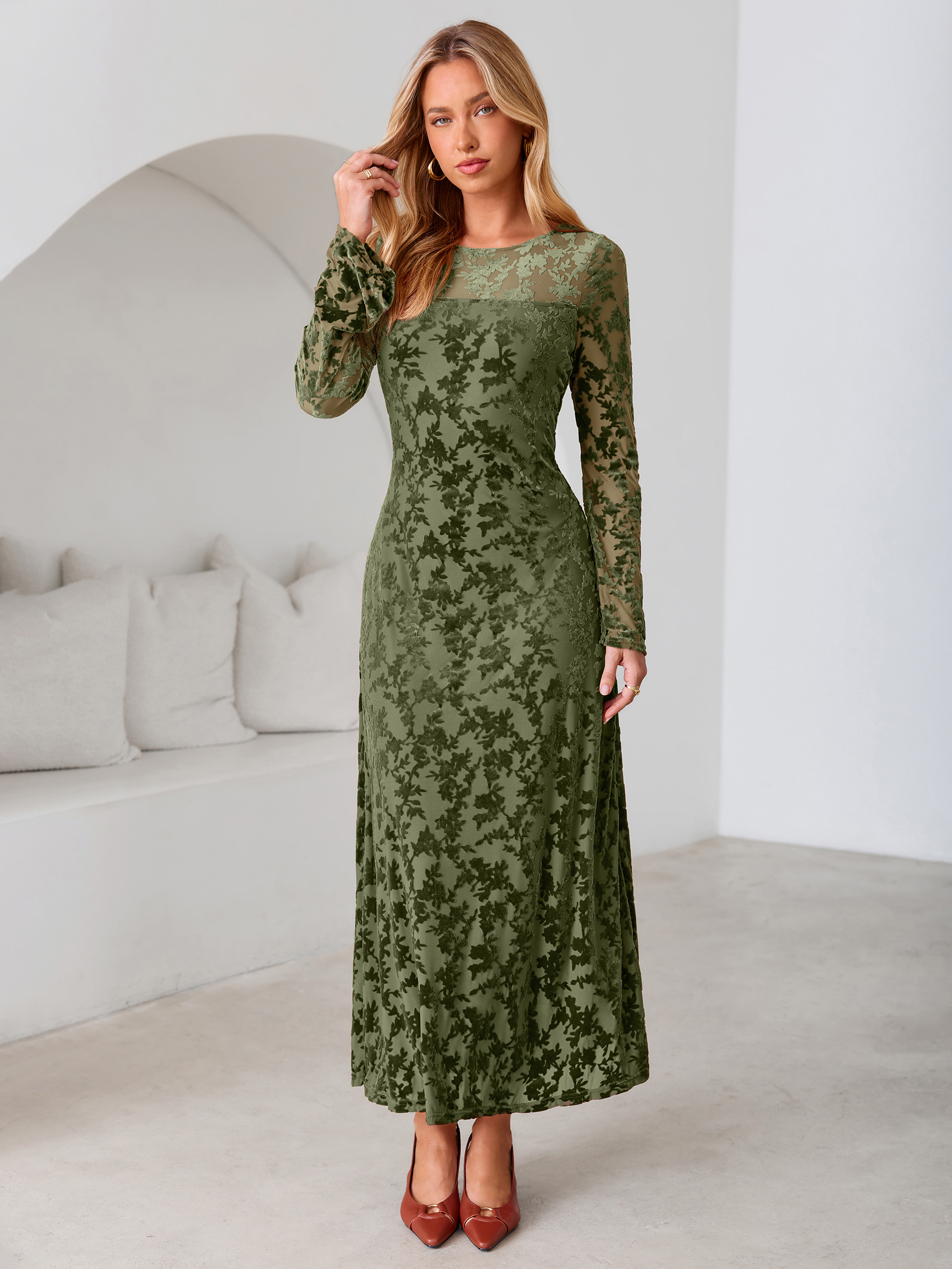 Floral Burnout Velvet Mesh Long Sleeve Maxi Dress