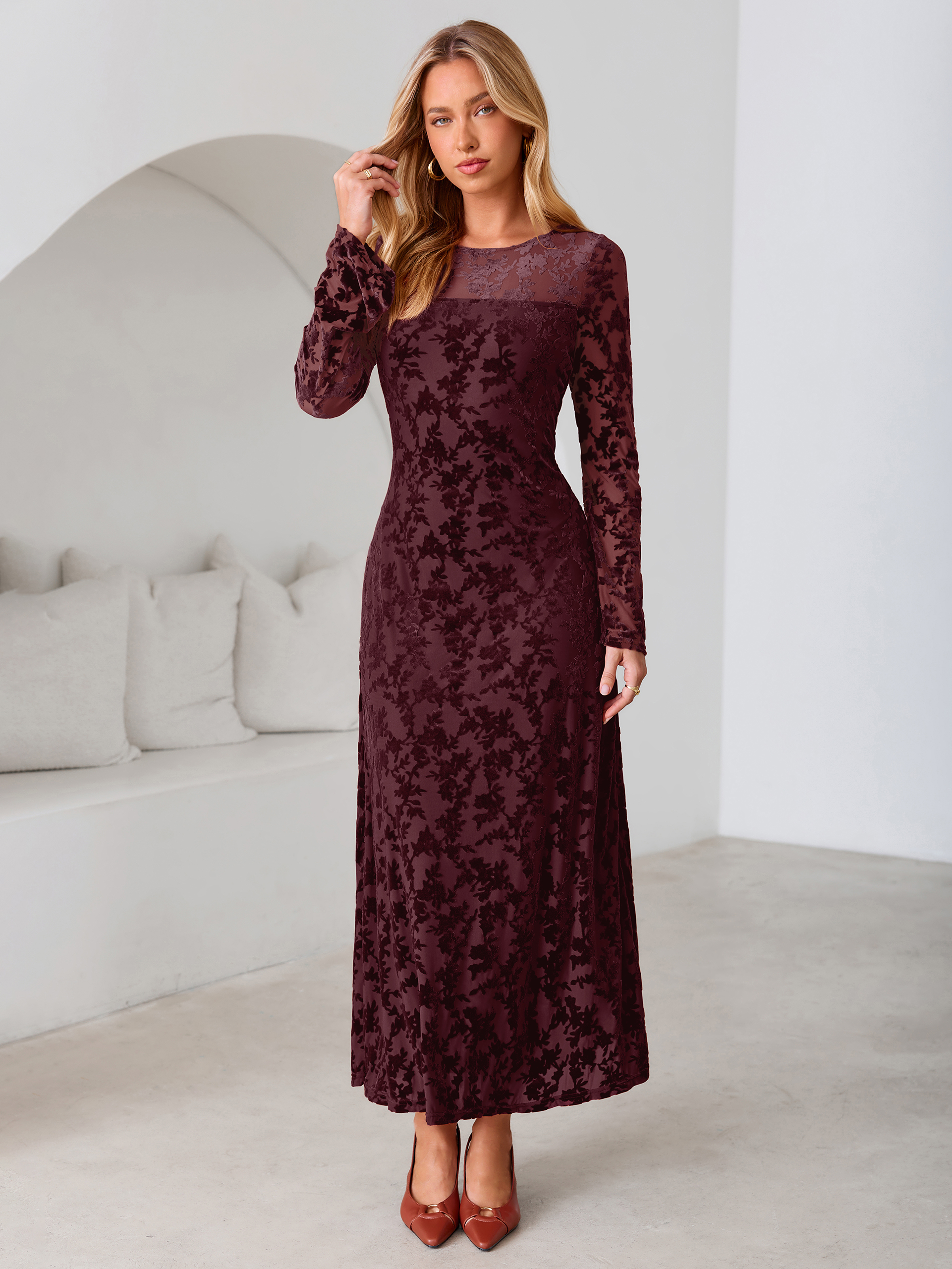 Floral Burnout Velvet Mesh Long Sleeve Maxi Dress
