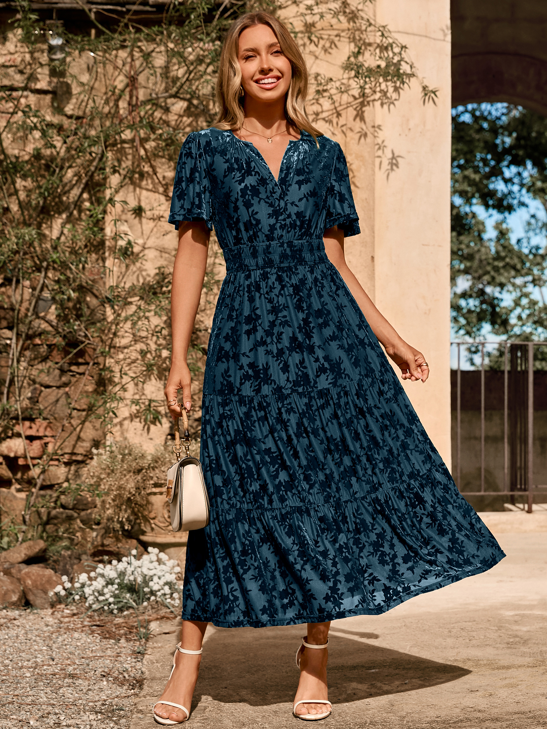 Velvet Print V-Neck Empire Tiered Ruffle Maxi Dress - Burnout-Lake Blue