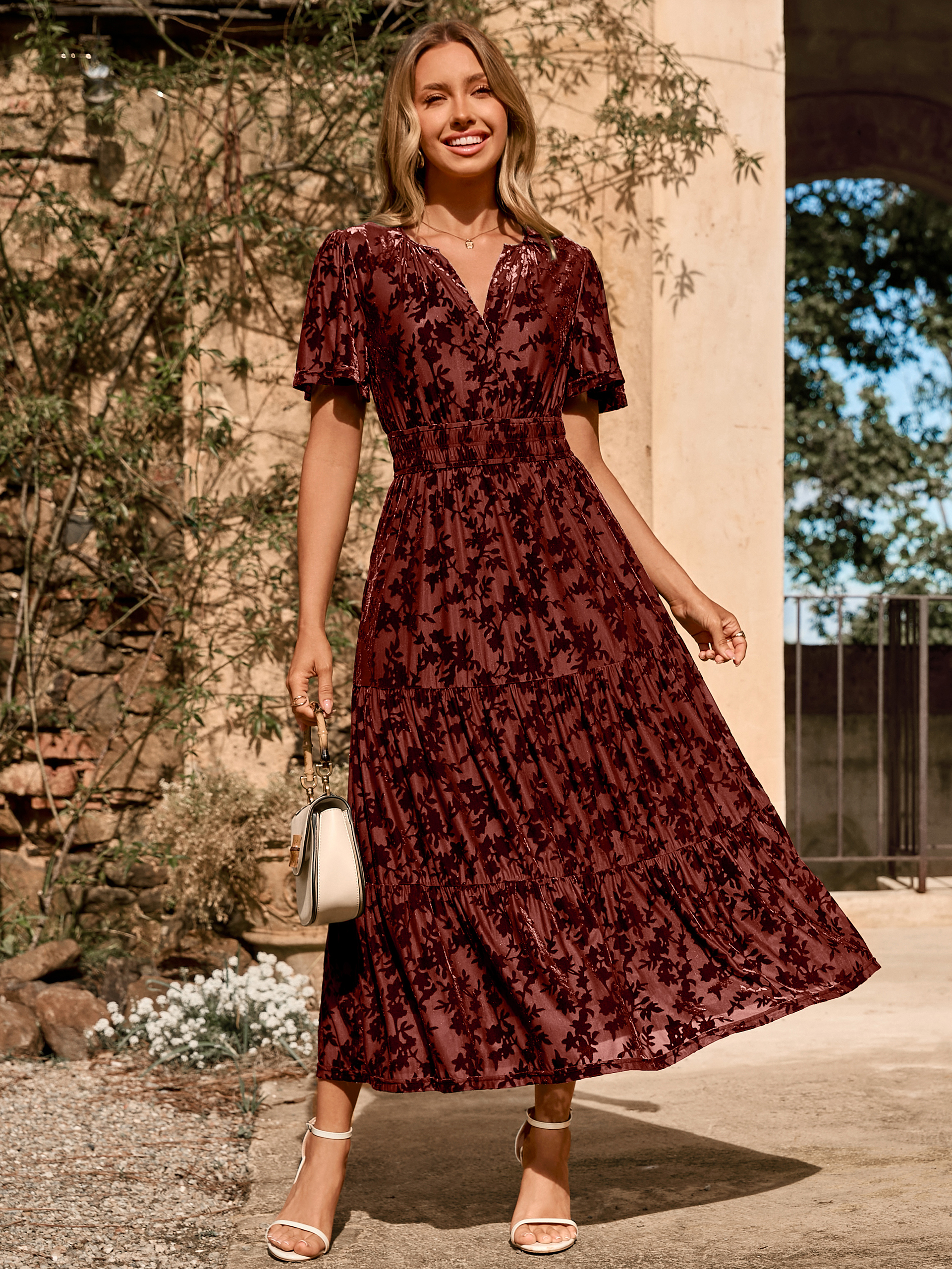 Velvet Print V-Neck Empire Tiered Ruffle Maxi Dress - Burnout-Rust Red