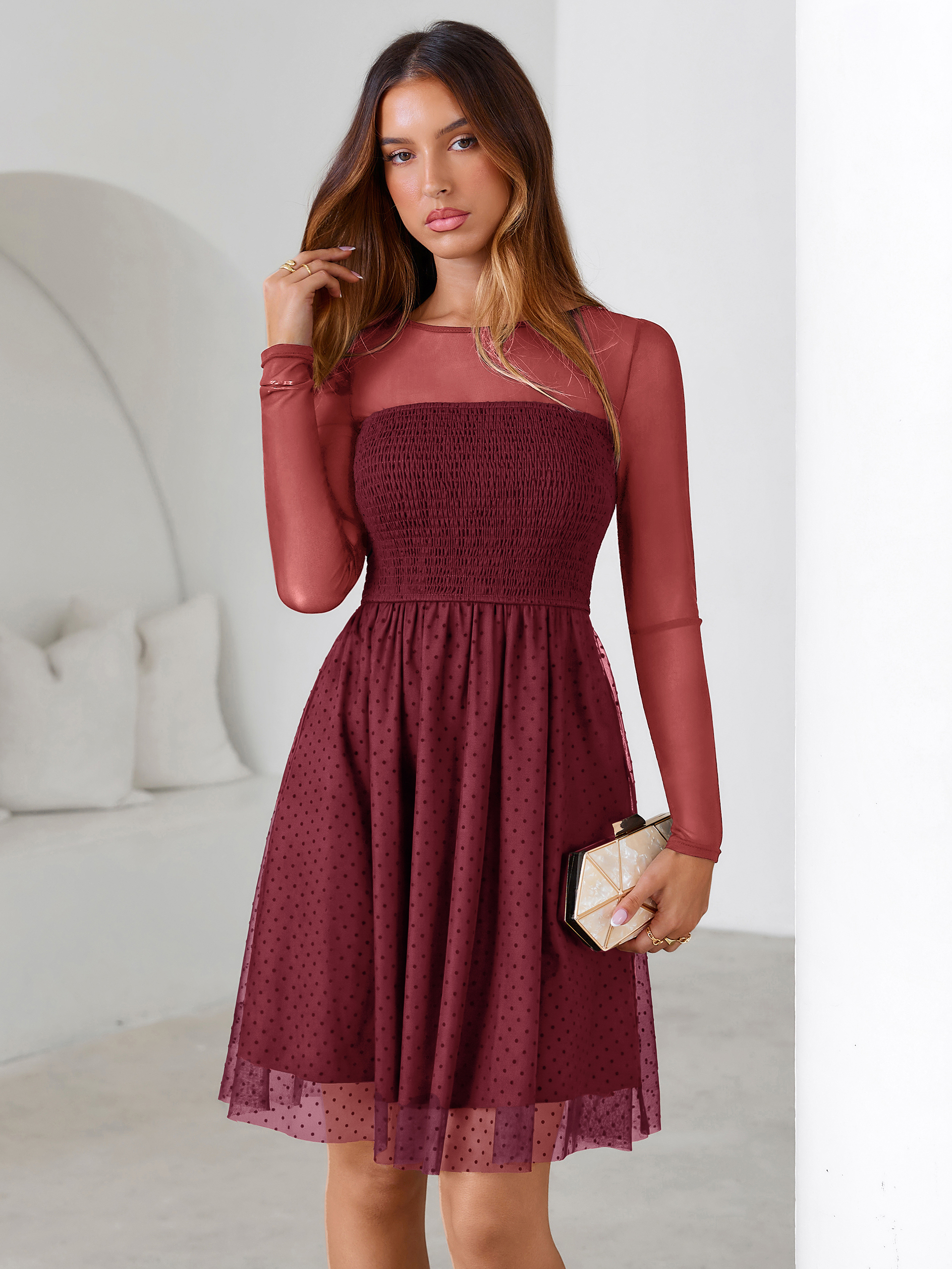 Long Sleeve Polka Dot Mesh Smocked Mini Dress - Burgundy