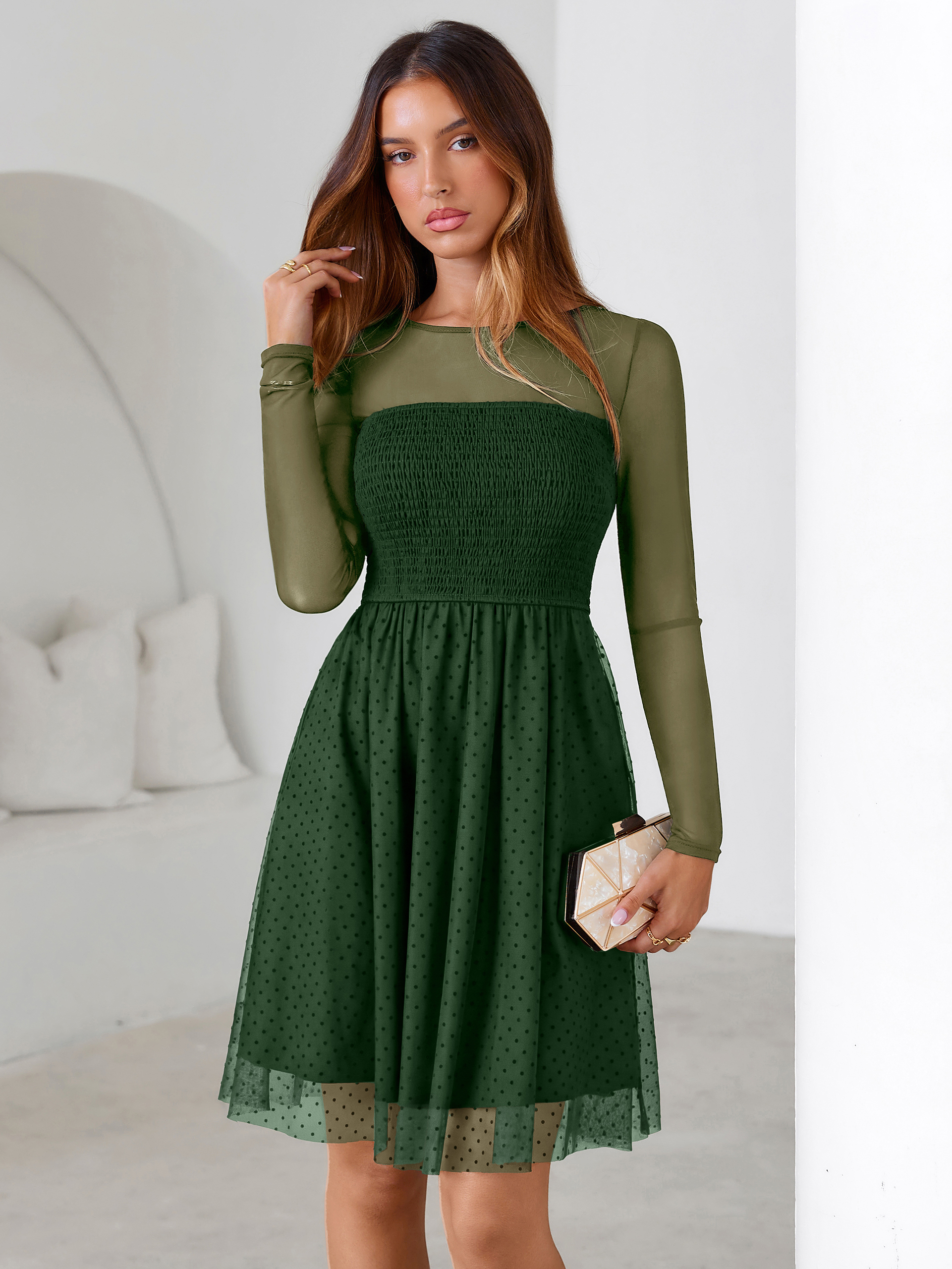 Long Sleeve Polka Dot Mesh Smocked Mini Dress - Dark Green