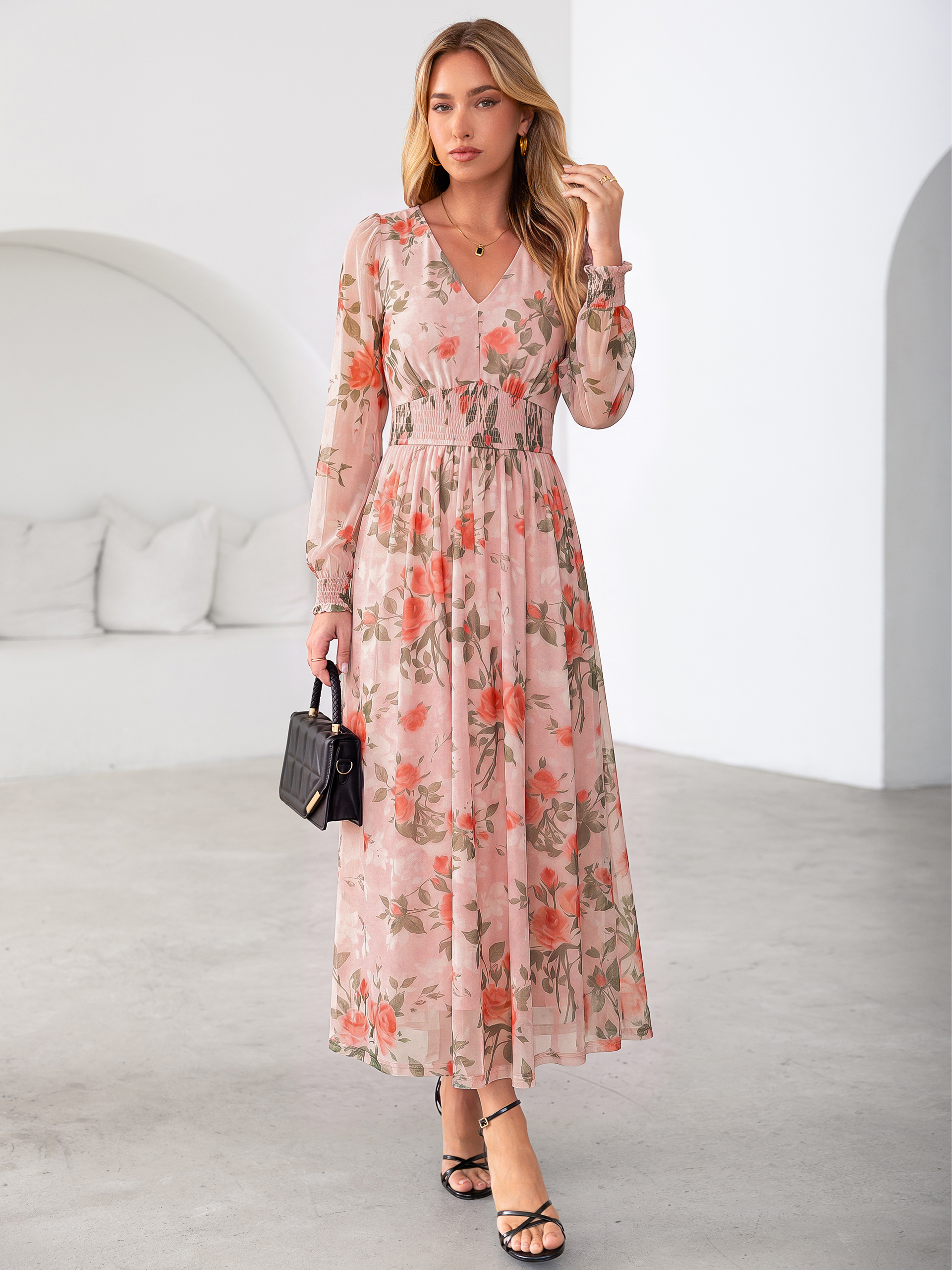 Romantic Floral Tulle Smocked Maxi Dress