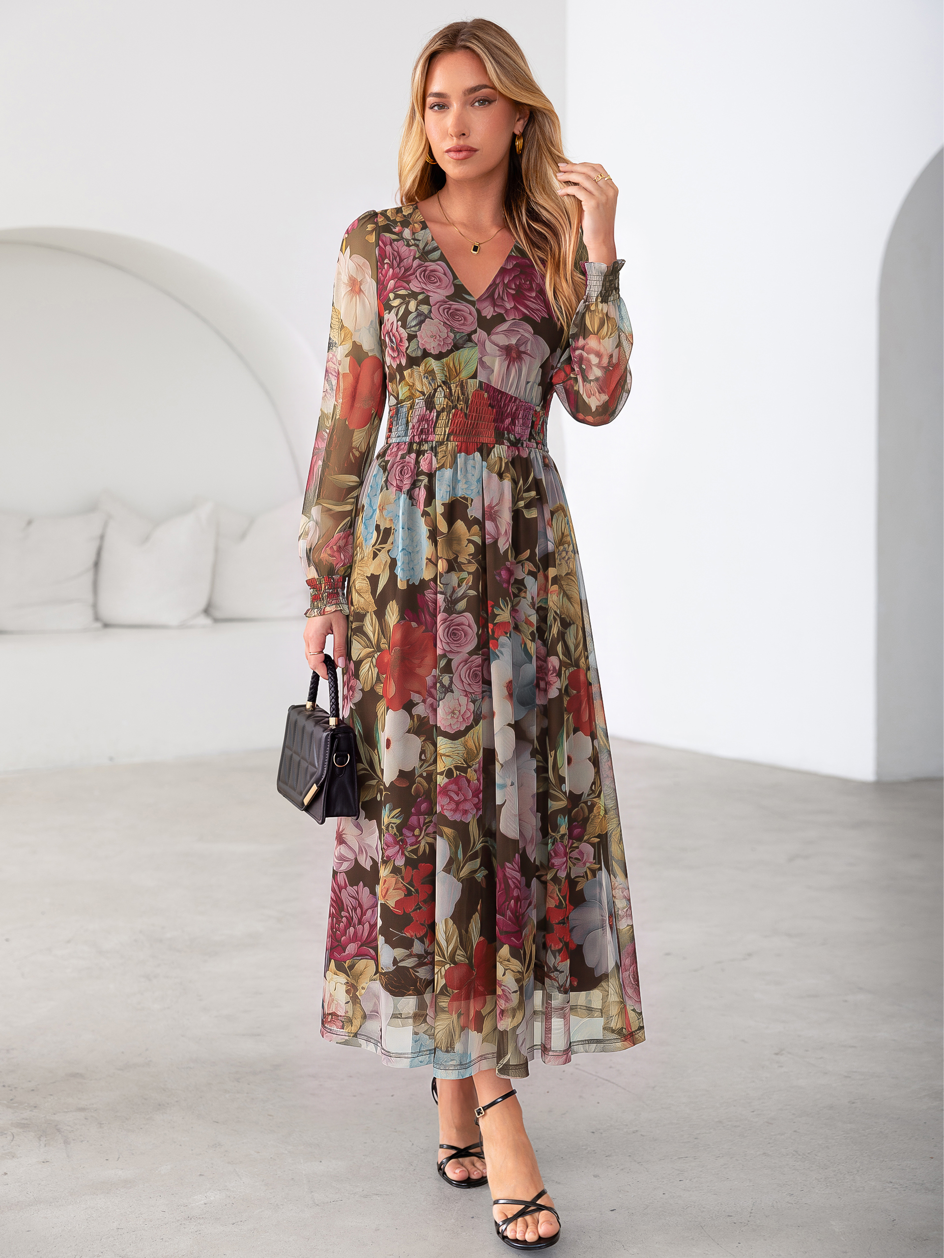 Romantic Floral Tulle Smocked Maxi Dress