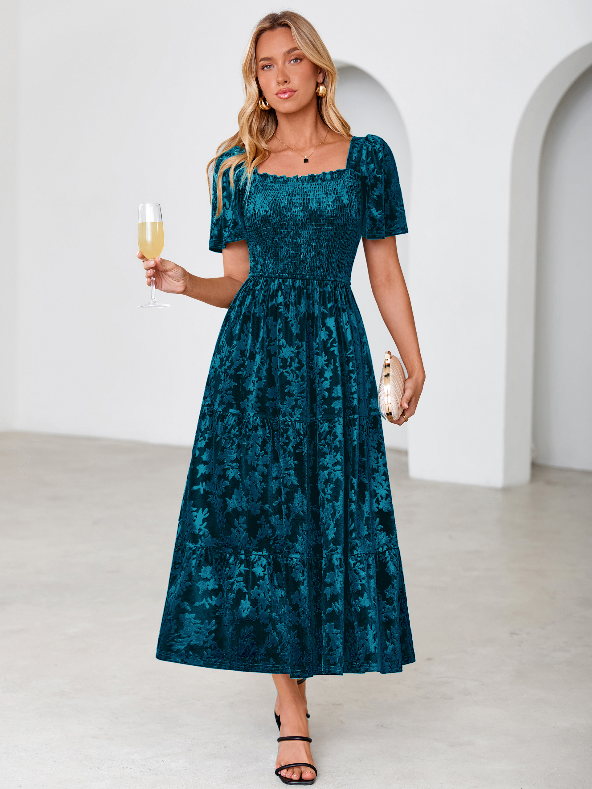 Square Neck Smocked Velvet Short Sleeve Maxi Dress