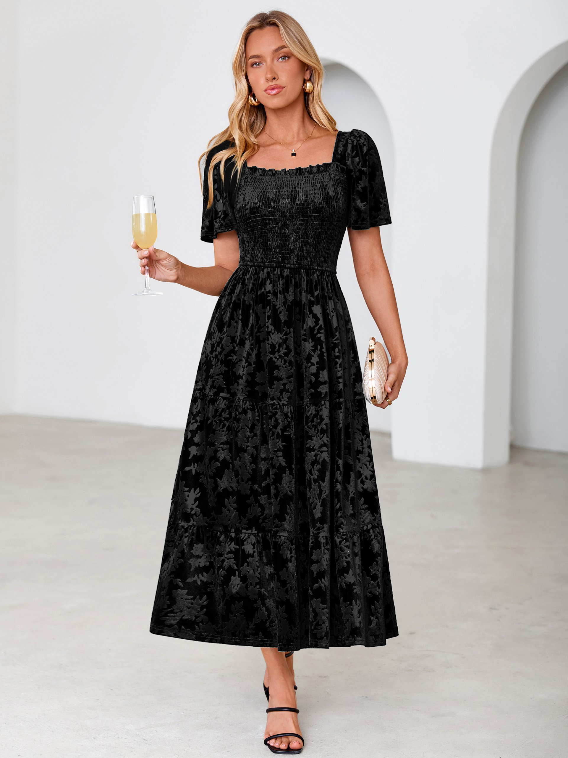 Square Neck Smocked Velvet Short Sleeve Maxi Dress