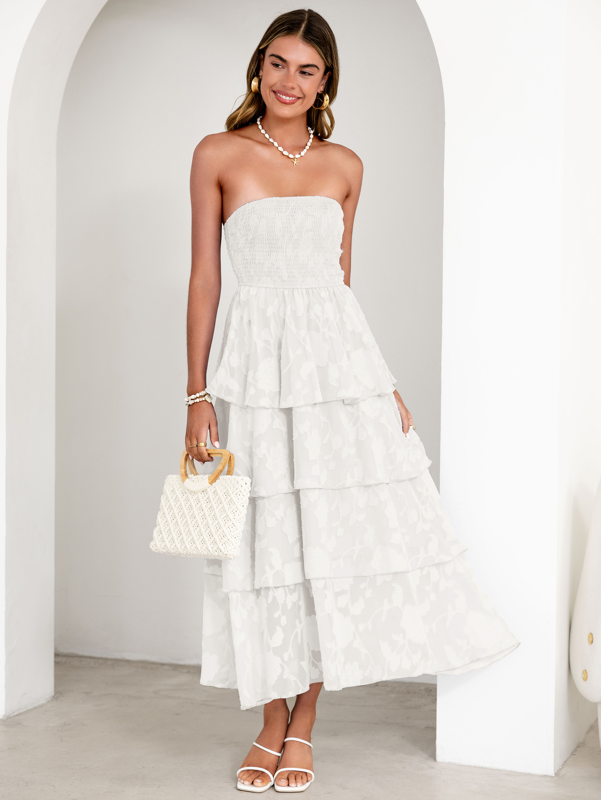 Floral Strapless Smocked Tiered Maxi Dress - White