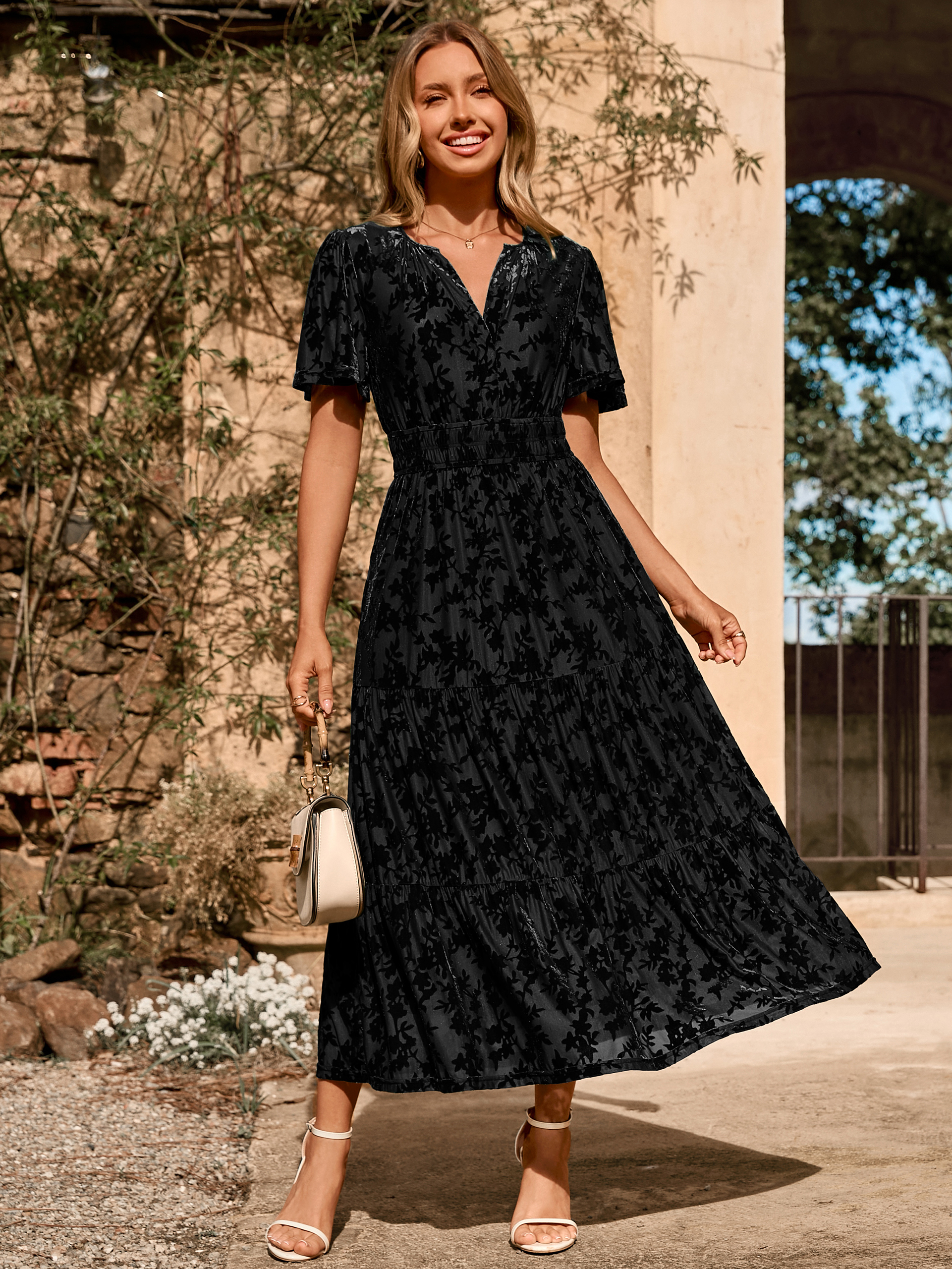 Velvet Print V-Neck Empire Tiered Ruffle Maxi Dress - Burnout Black
