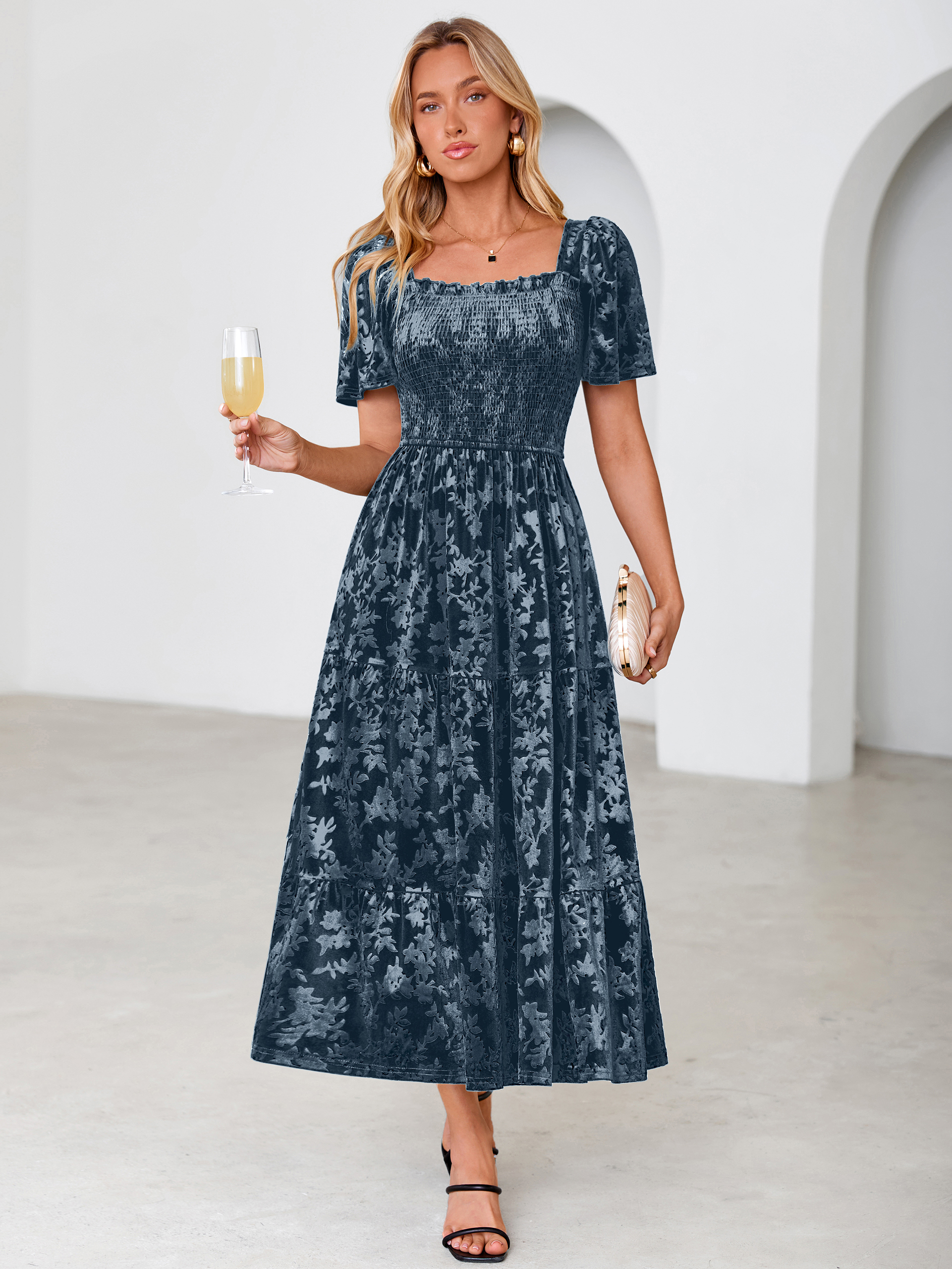 Square Neck Smocked Velvet Short Sleeve Maxi Dress