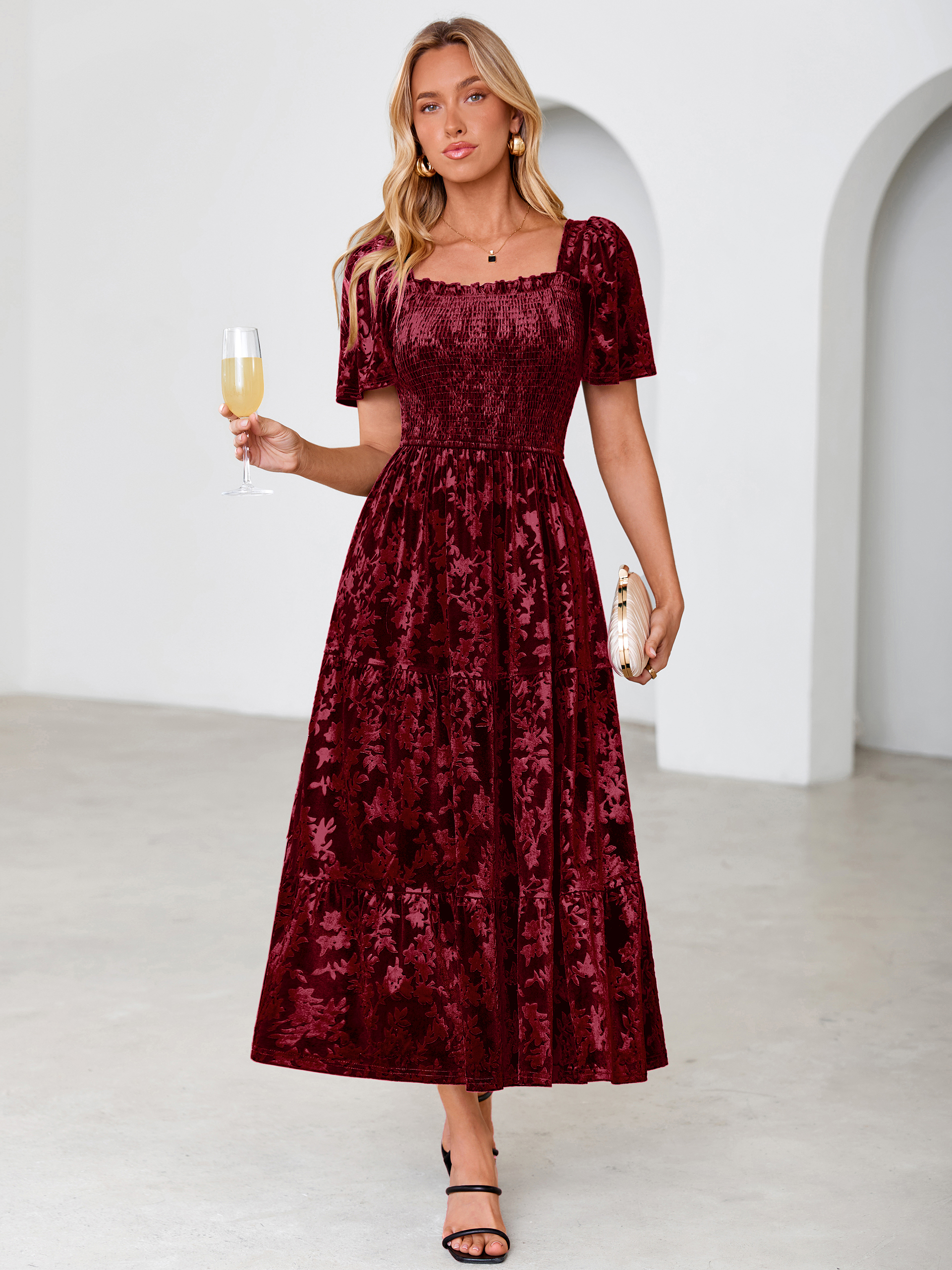 Square Neck Smocked Velvet Short Sleeve Maxi Dress