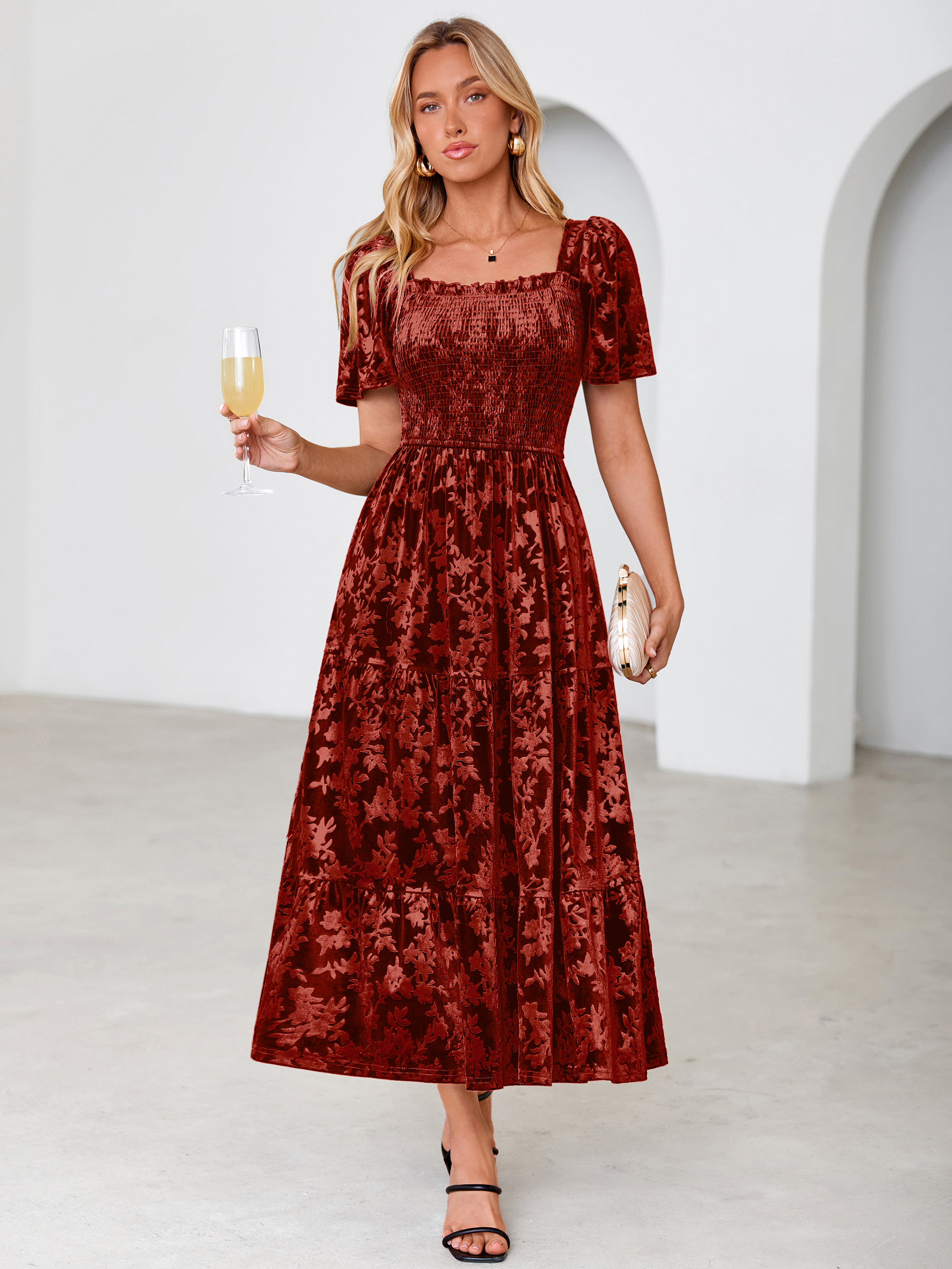Square Neck Smocked Velvet Short Sleeve Maxi Dress