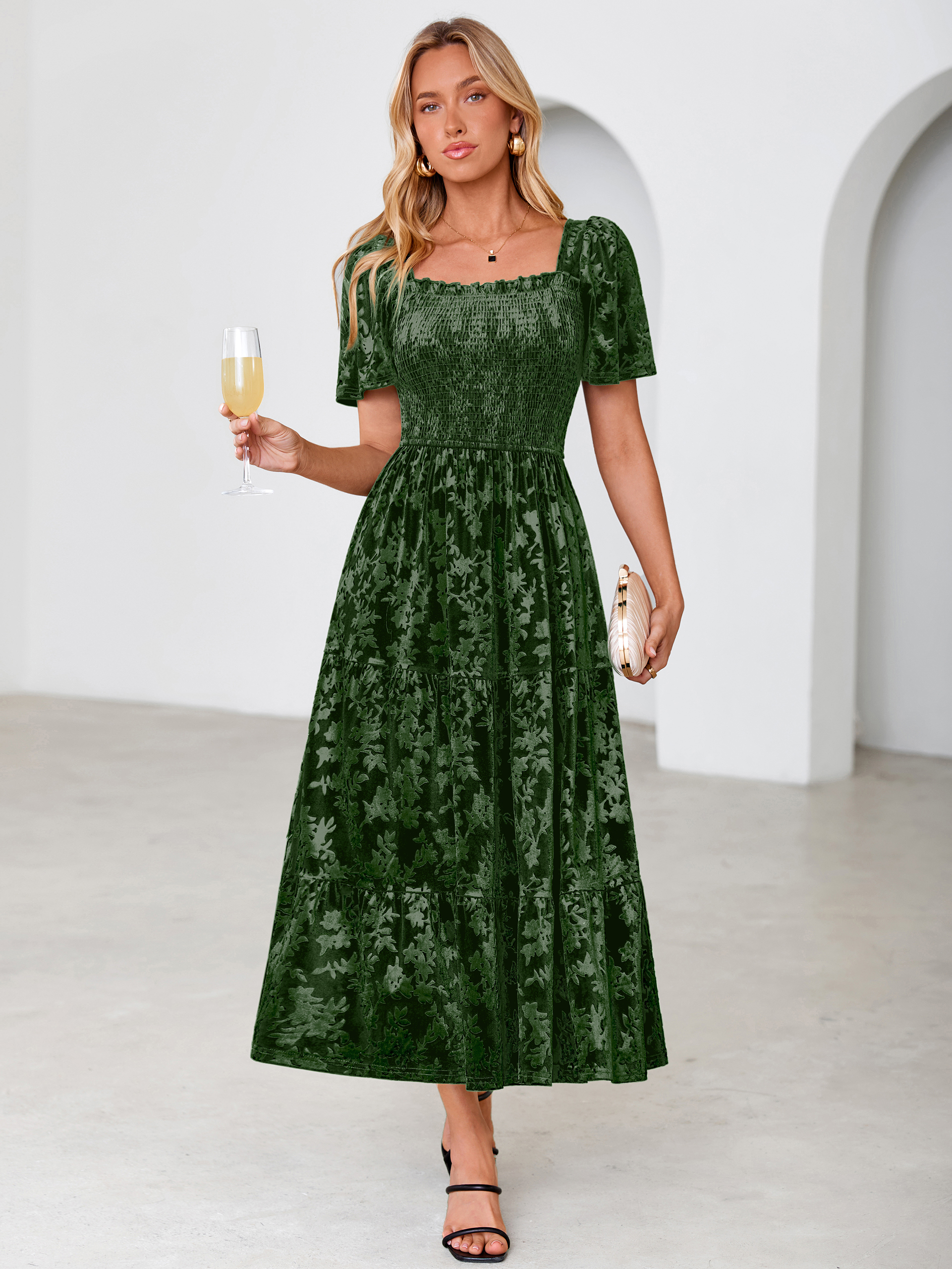 Square Neck Smocked Velvet Short Sleeve Maxi Dress