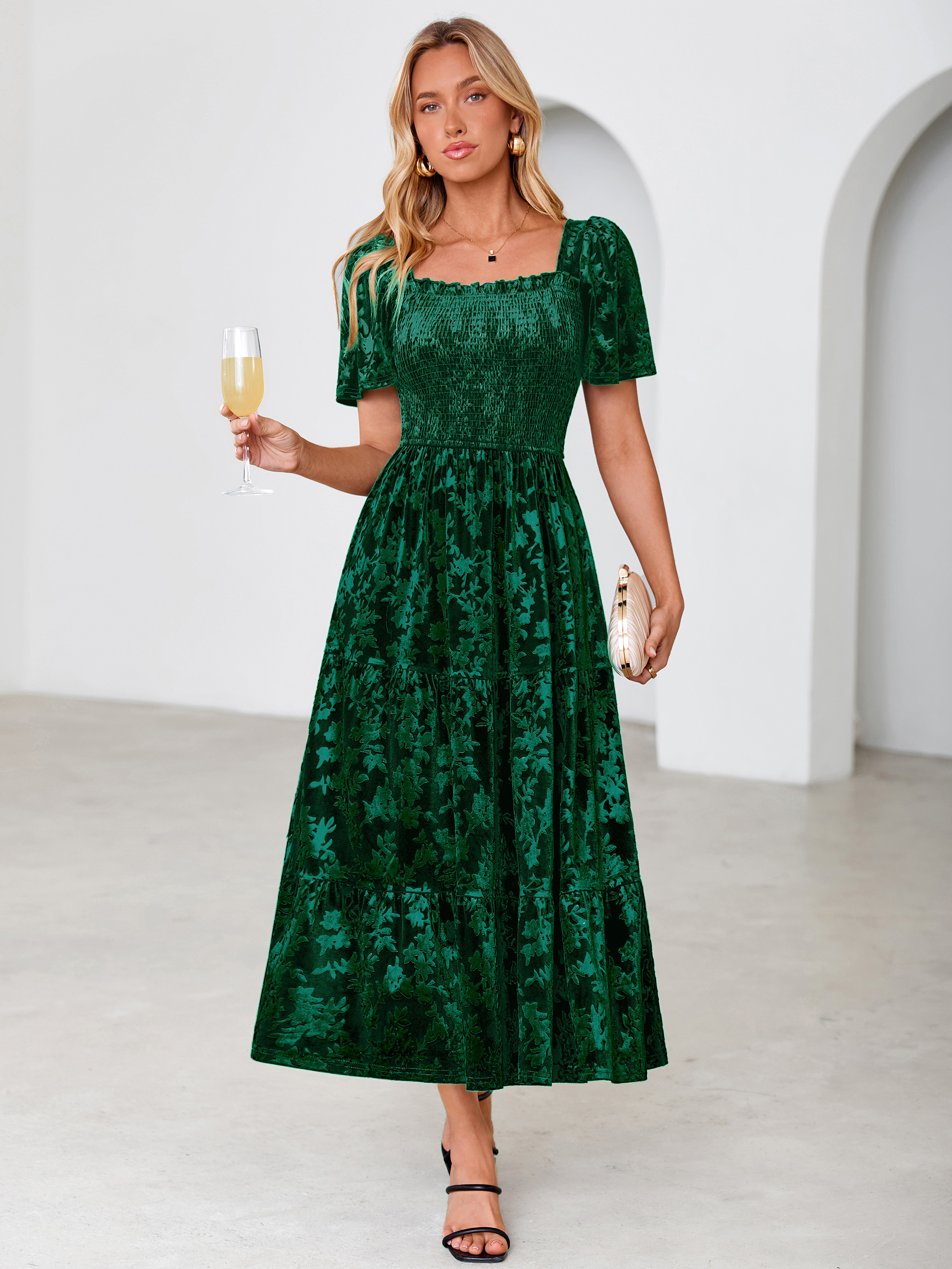 Square Neck Smocked Velvet Short Sleeve Maxi Dress